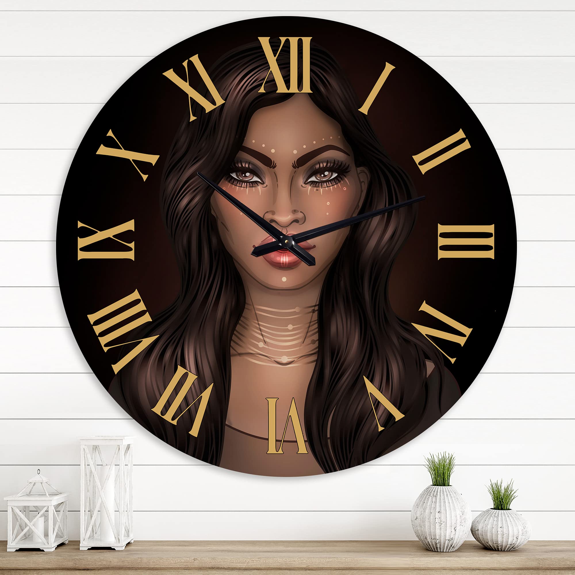 DesignQ Modern Wall Clock - Portrait of African American Woman IV - Large Decorative Clock for Kitchen, Living Room & Office - Unique Home Decor Gift Idea