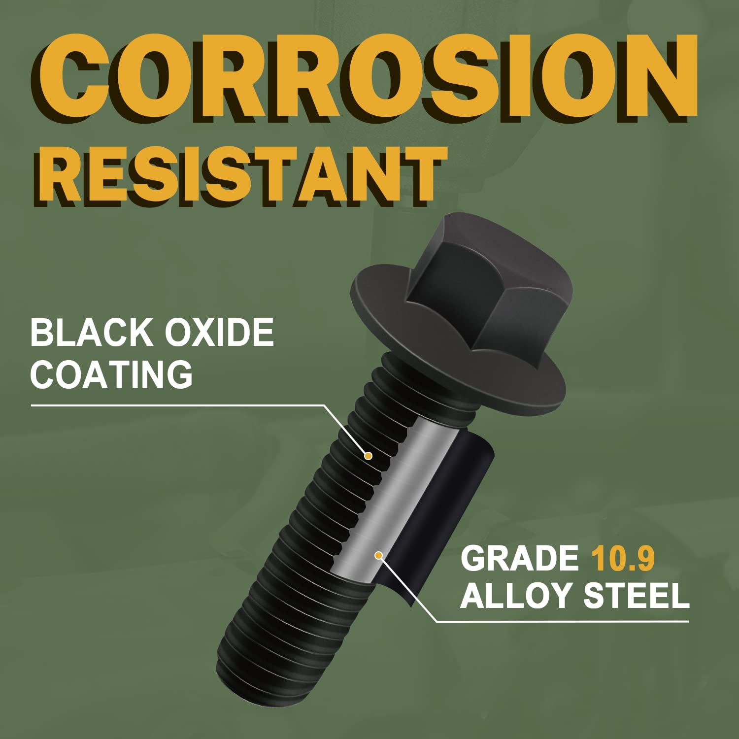 LIONMAX M10 x 60mm Grade 10.9 Carbon Steel Flanged Hex Head Bolts - Black Oxide Finish, Anti-Rust (Pack of 15) - Ideal for Automotive, Machinery & Construction Applications