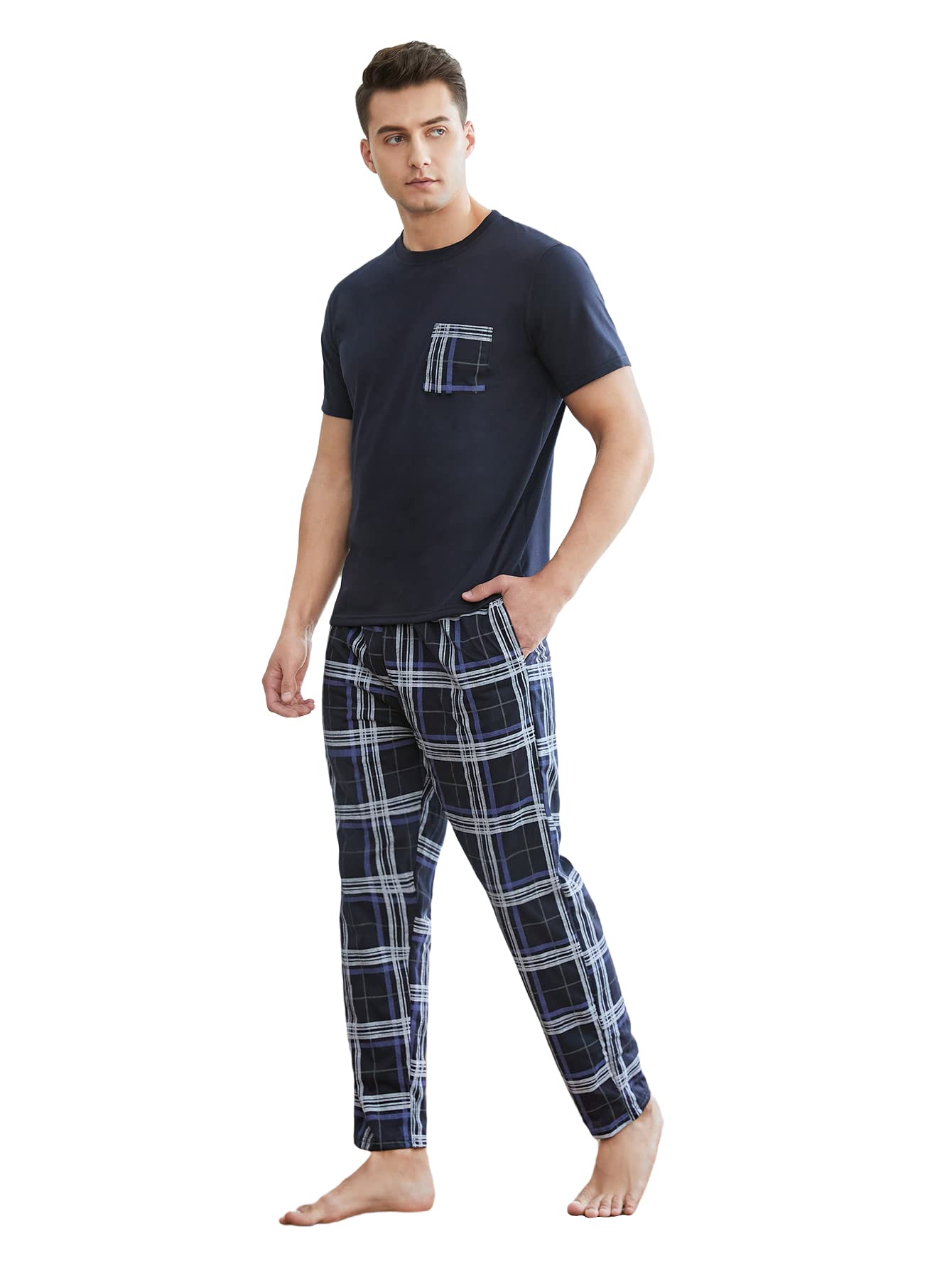 OYOANGLE Men's Plaid Pajama Set - Soft Cotton Short Sleeve Sleep Shirt & Lounge Pants - Comfortable Sleepwear for Men - Perfect for Nighttime, Lounging & Travel