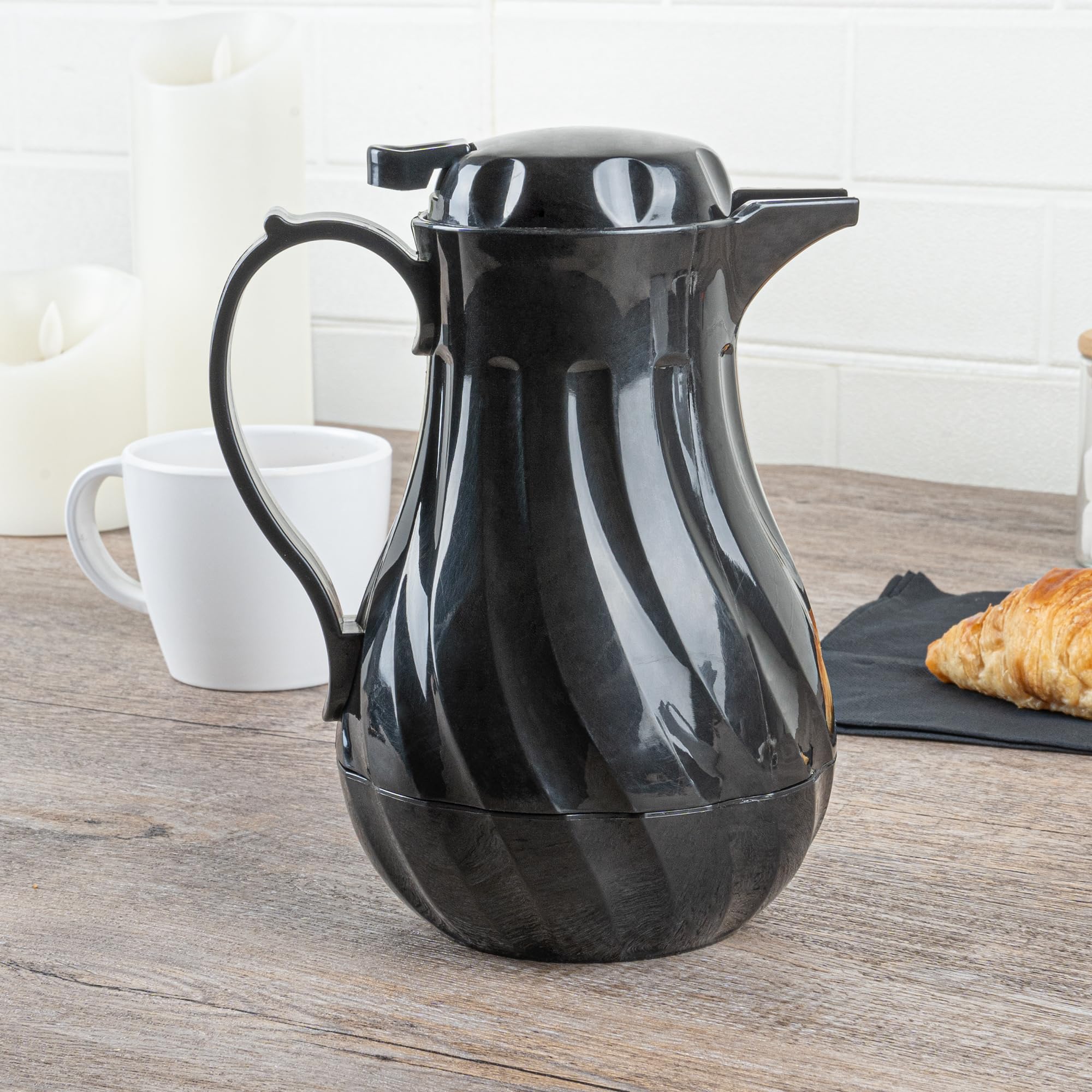 Restaurantware Restpresso 20oz Insulated Coffee Carafe with Push-Button Lid & Leak-Proof Design - Black Plastic Coffee Server with Built-in Handle for Restaurants, Cafes, and Office Coffee Stations