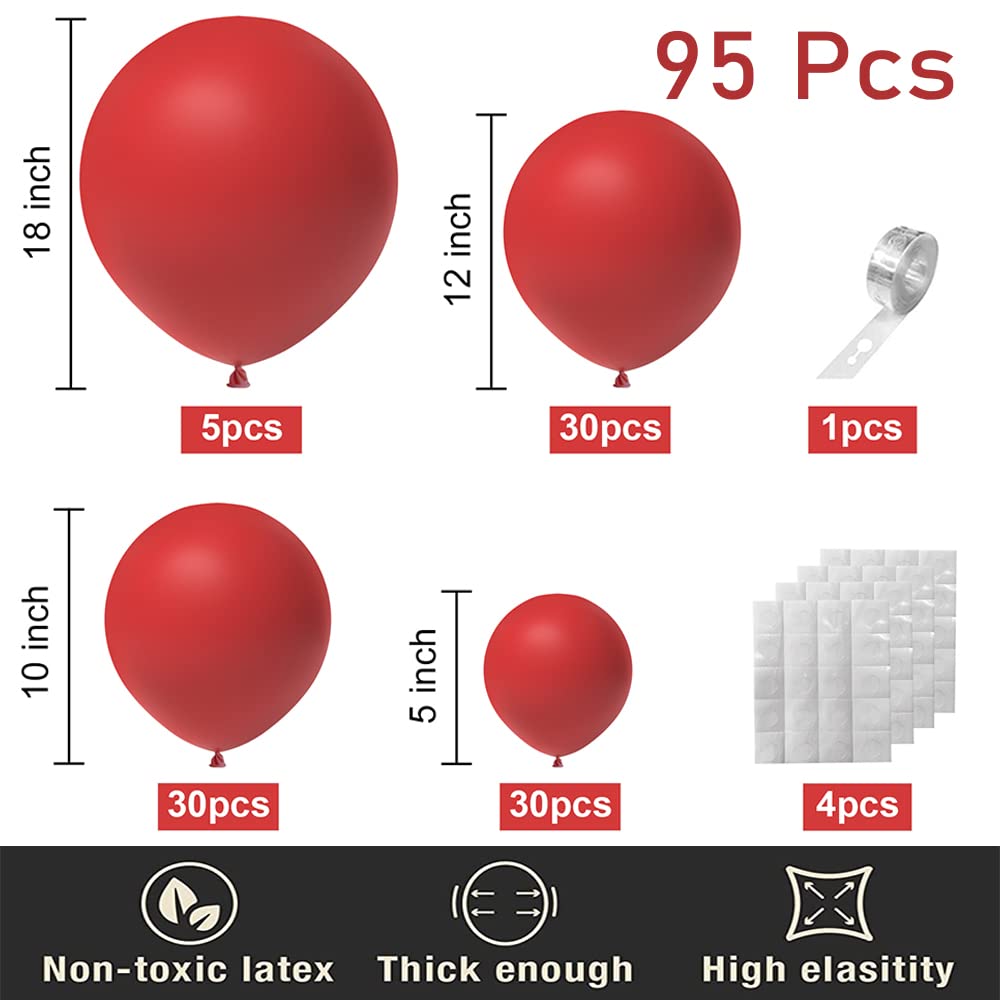 95pcs Red Balloons Garland Arch Kit - 18/12/10/5 Inch Matte Latex Balloons for Baby Shower, Wedding, Christmas, Graduation, Valentine's Day & Birthday Party Decorations | Perfect for Indoor & Outdoor Events, Photo Backdrops & Festive Celebrations