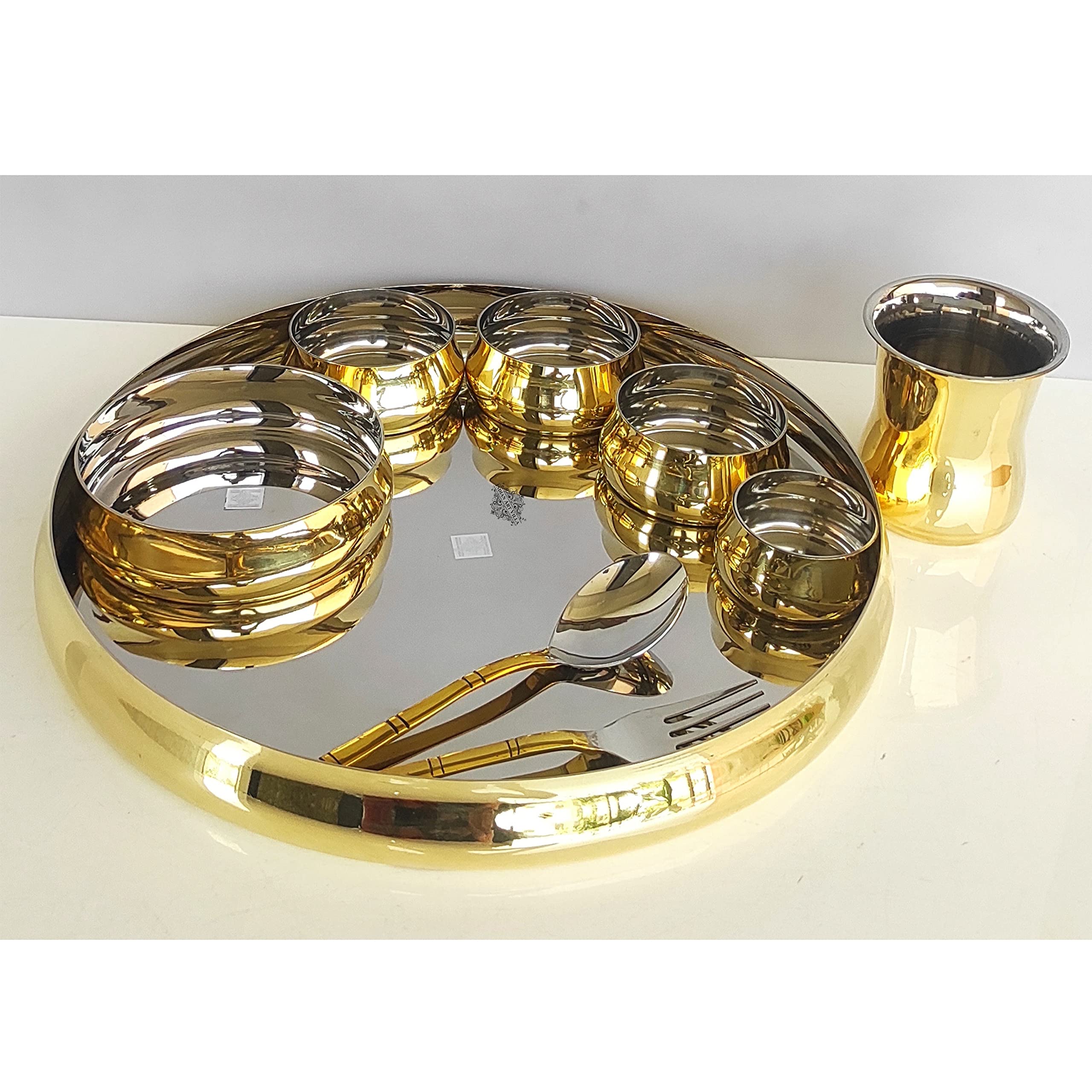 Indian Art Villa Stainless Steel & Brass 9-Piece Dinner Set - Includes 1 Plate, 1 Pudding Plate, 1 Small Bowl, 3 Medium Bowls, 1 Spoon, 1 Fork & 1 Tumbler - Elegant Tableware for Indian Cuisine, Dinner Parties & Home Decor