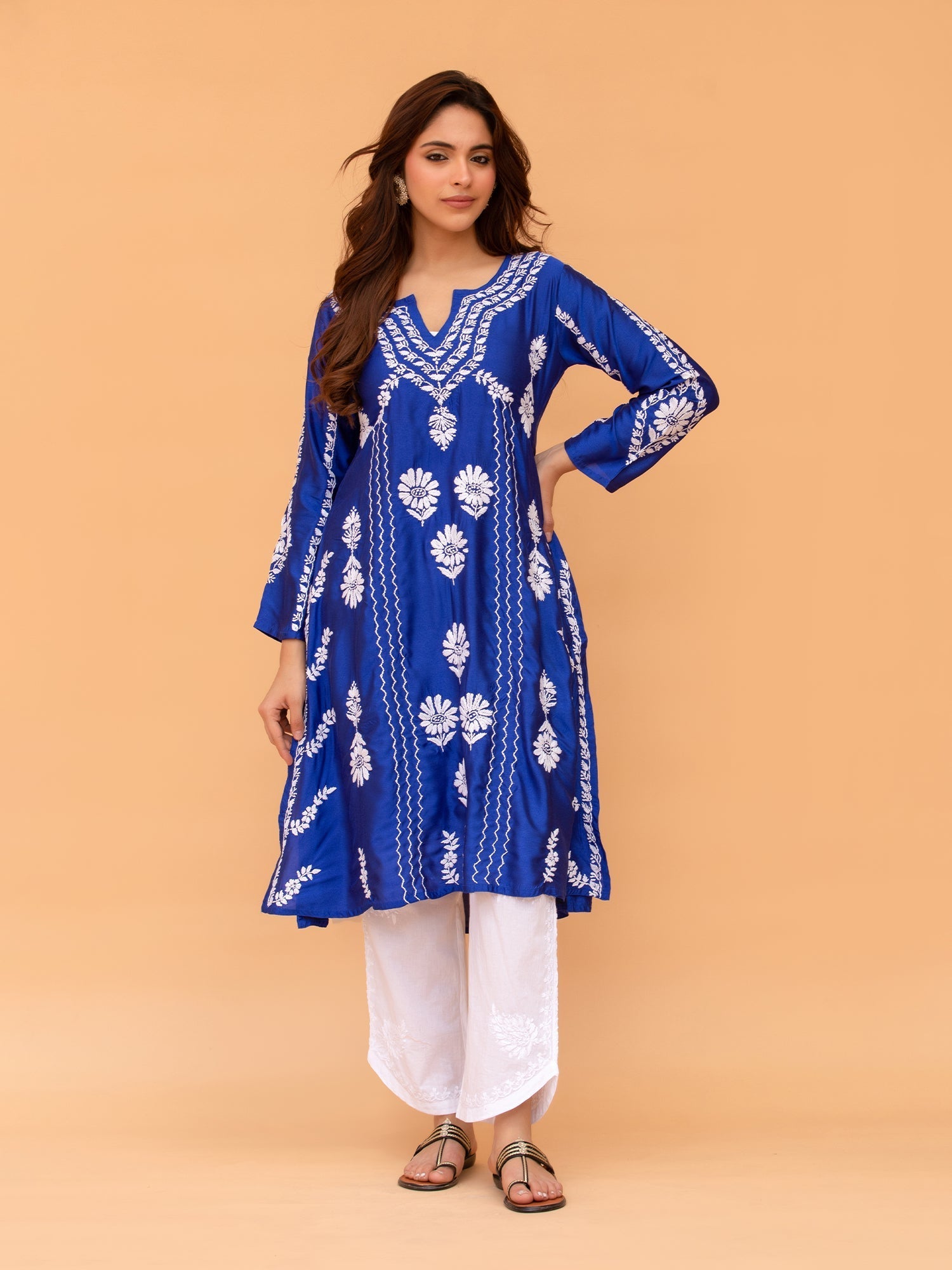 Elegant Saba Chikankari Long Kurta in Barfi Silk Blue - Traditional Indian Embroidered Tunic for Women - Perfect for Festivals, Weddings & Special Occasions