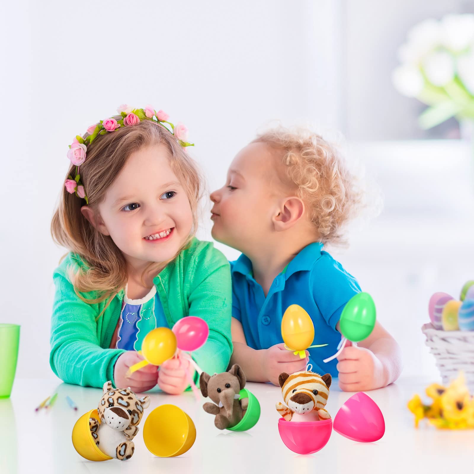 Skylety 12-Piece 4.8-Inch Stuffed Easter Eggs with Plush Forest Animals - Elephant, Giraffe & Tiger Toys Inside - Cute Easter Basket Stuffers & Party Favors for Kids' Easter Egg Hunts, Classroom Rewards & Spring Celebrations