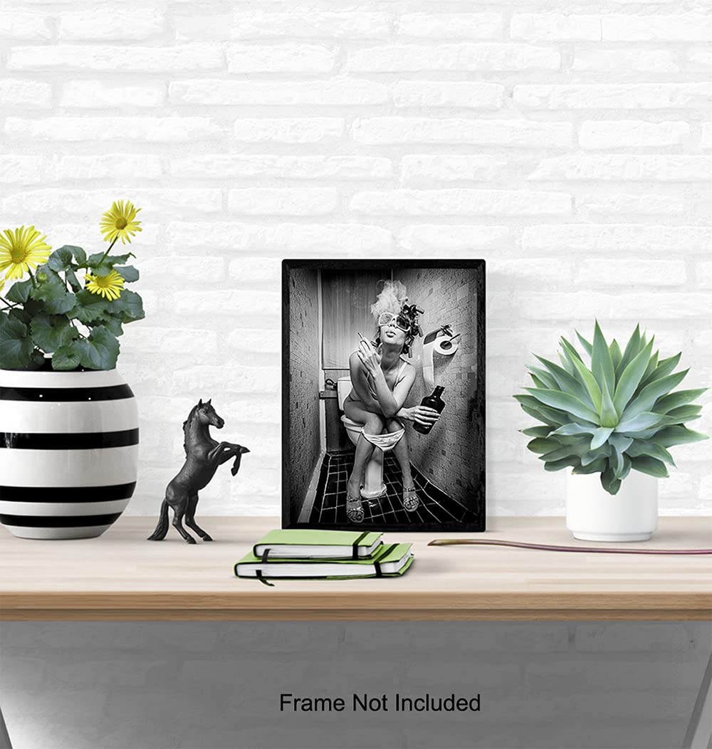 Funny Bathroom Wall Art - Unique Bar & Restroom Decor - 8x10 Woman Smoking & Drinking Alcohol Print - Perfect for Guest Bathroom, Powder Room & Man Cave Decor - Ideal for Home, Office or Pub Wall Decoration
