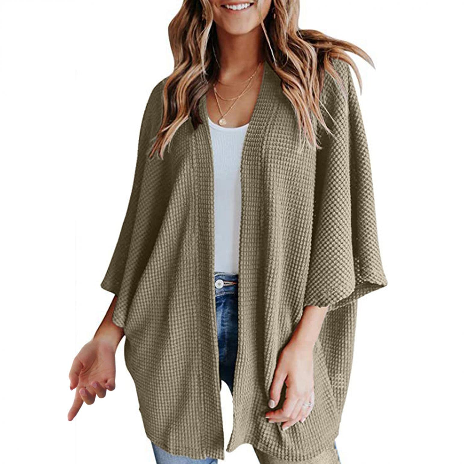 Women's Lightweight Kimono Cardigan Sweater - Long Sleeve Loose Waffle Knit Batwing Cover Up - Perfect for Beach, Vacation & Casual Outfits