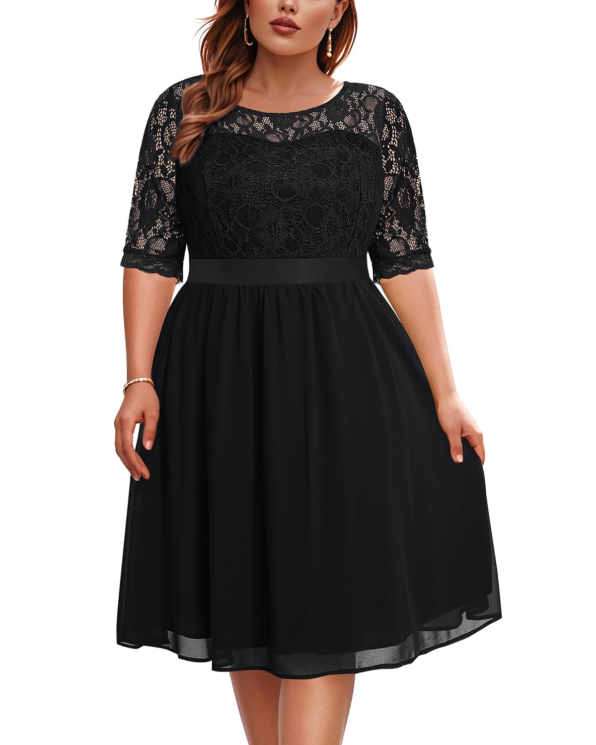 Plus Size Lace Chiffon Wedding Guest Dress for Women - Elegant Cocktail Party Midi Dress | Perfect for Bridal Showers, Evening Events & Special Occasions