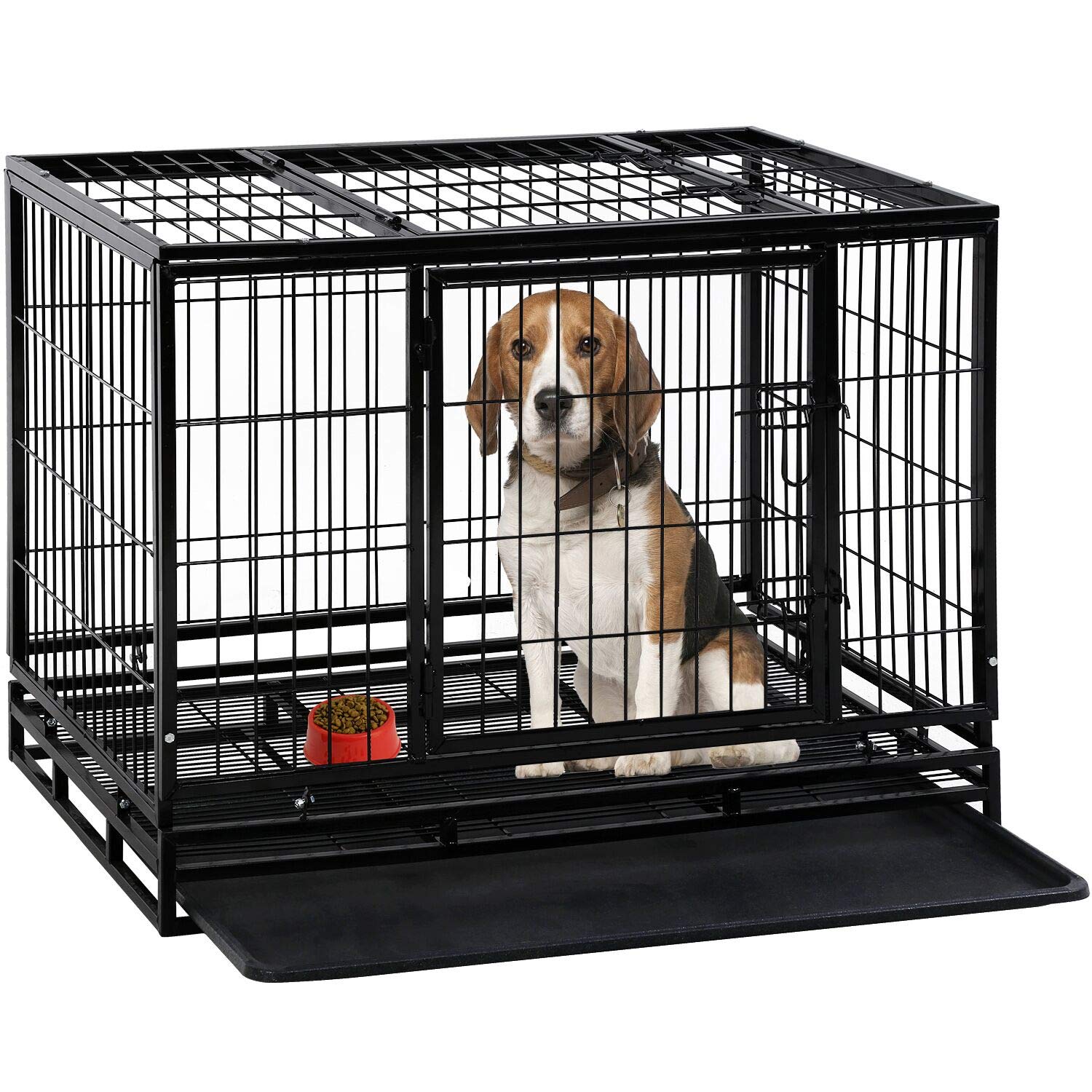 Heavy Duty 36 Inch Dog Crate Cage for Large Dogs - Indoor/Outdoor Pet Kennel with Double Doors, Secure Locks & Removable Plastic Tray - Perfect for Training, Travel, and Home Safety