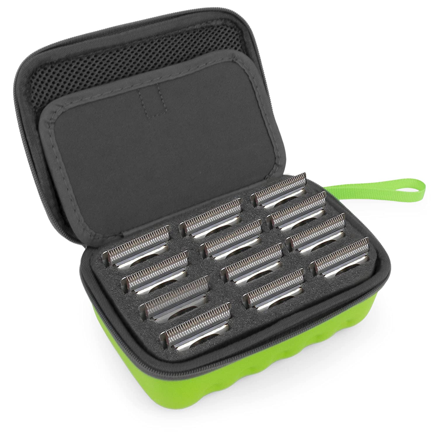 CASEMATIX Green Clipper Blade Holder for 12 Blades - Protective Storage Case with Barber Blade Foam Insert & Hard Shell | Professional Hair Clipper Organizer for Salon, Barbershop & Home Use