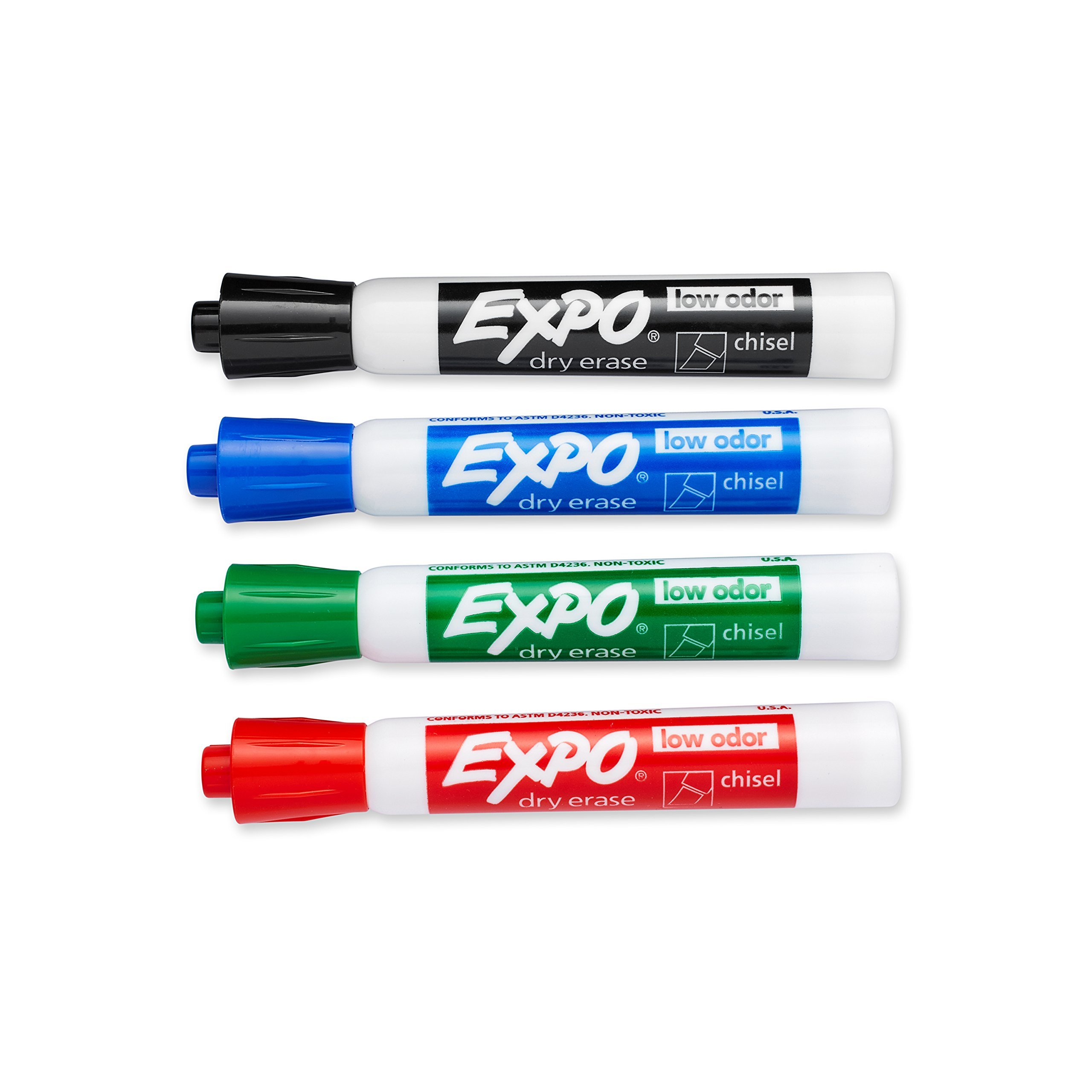 Low-Odor Dry Erase Markers Set - 4 Pack Chisel Tip Whiteboard Markers in Assorted Colors for Office, Classroom & Home Use