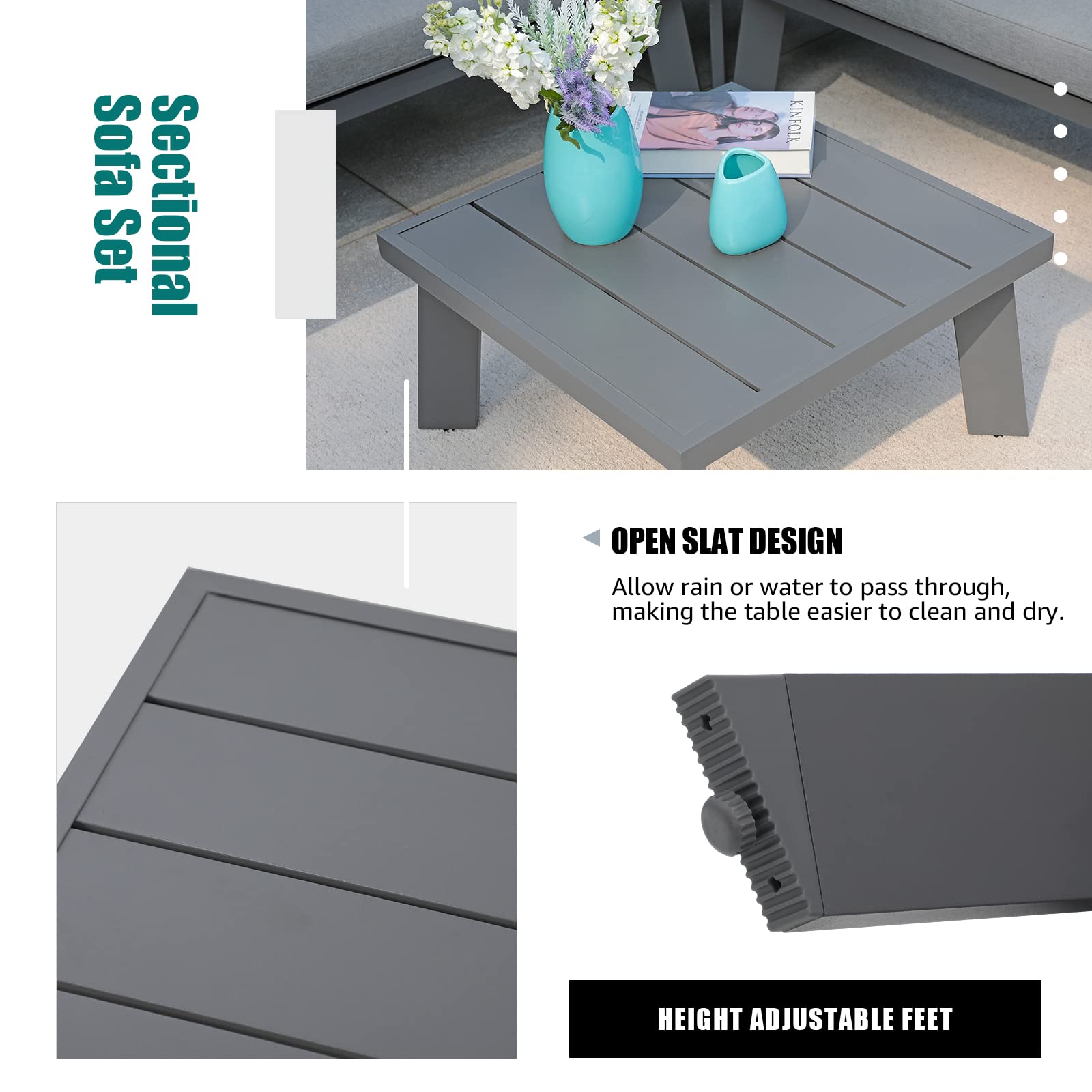 Soleil Jardin 4-Piece Outdoor Patio Furniture Set - L-Shaped Aluminum Sectional Sofa with Coffee Table, All-Weather Wicker Conversation Set with Cushions (Dark Grey) for Backyard, Garden, Poolside & Patio Relaxation