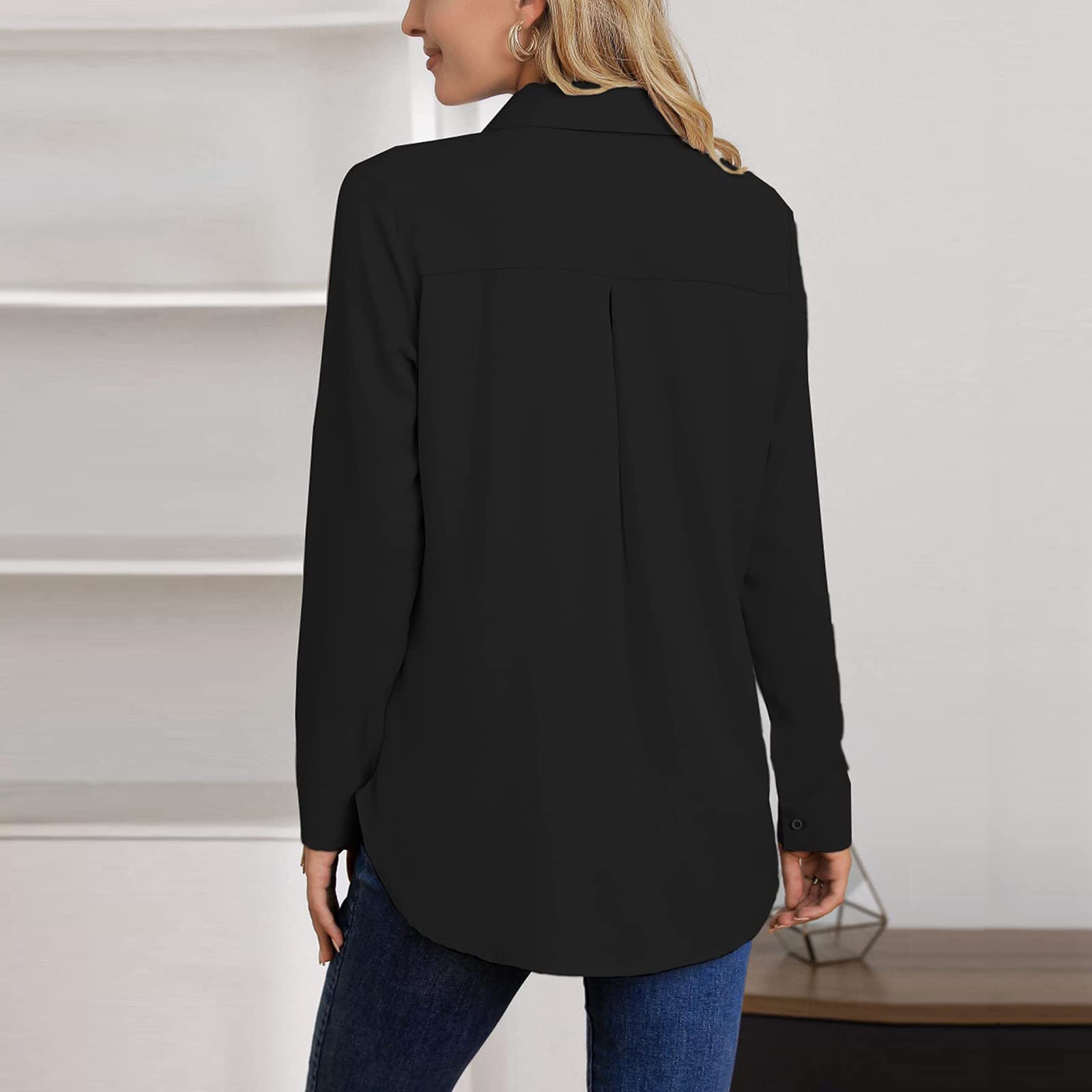 Women's Plus Size Casual Button Down Shirts - V Neck Long Sleeve Collared Office Blouse in Black | Perfect for Work, Business Meetings & Professional Dress Codes