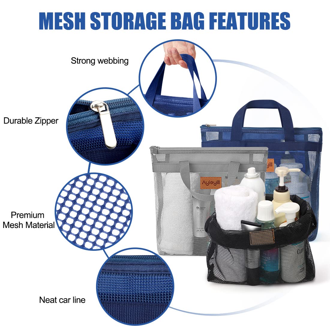 3-Pack Quick Dry Mesh Shower Caddy Tote Bags - Portable Hanging Toiletry Organizer for Travel, Beach, Gym & College Dorms - Perfect for Swimming, Camping & Shopping (Black, Gray, Blue)