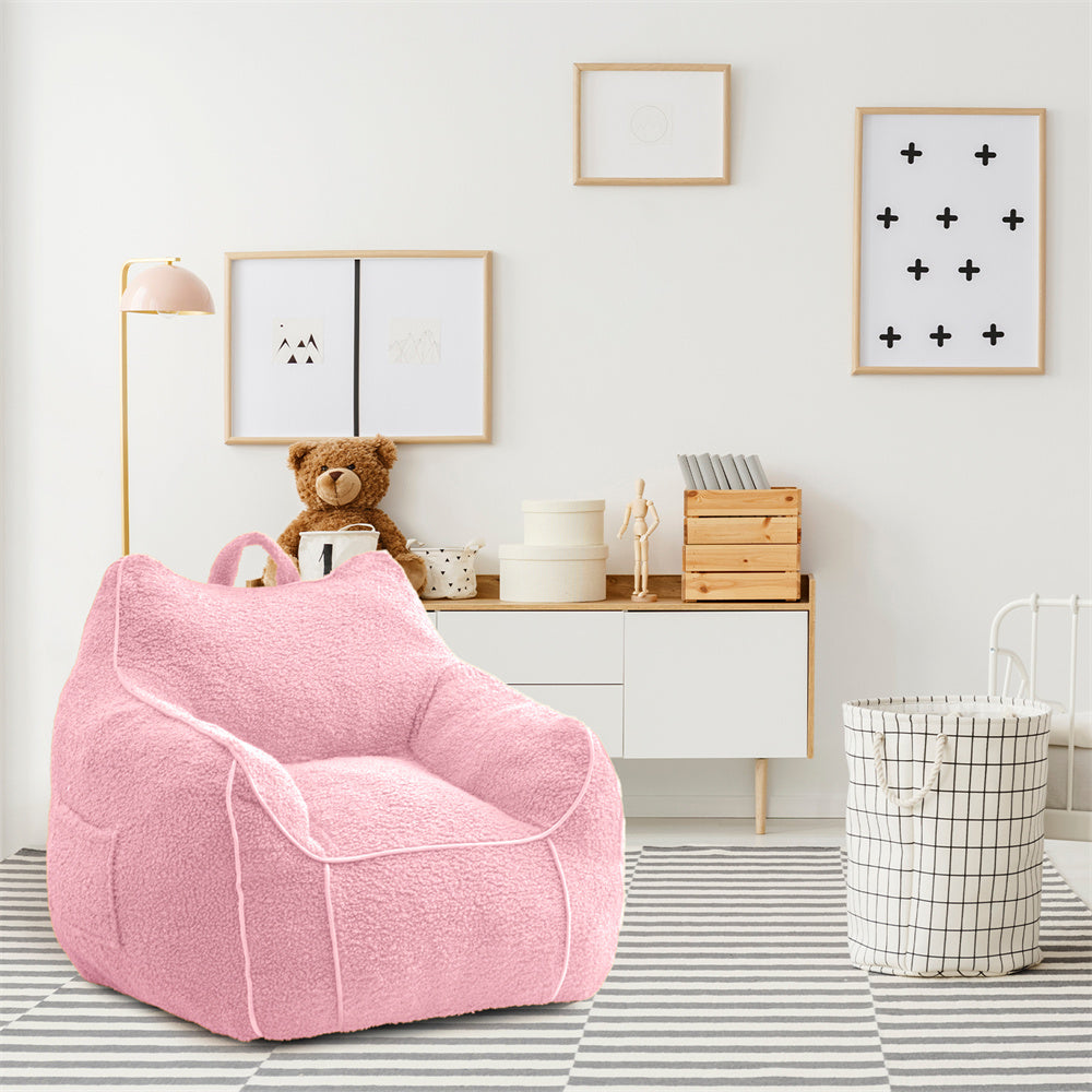 MAXYOYO Sherpa Kids Bean Bag Chair - Soft Fluffy Bean Bag Couch with Decorative Edges for Children's Room, Nursery, Playroom & Bedroom (Light Pink) - Perfect for Reading, Relaxing & Playtime