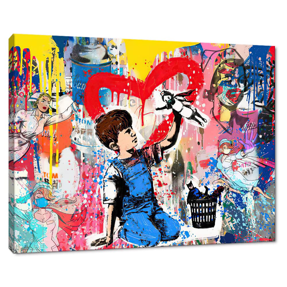 Abstract Graffiti Street Art Canvas - Banksy Inspired Colorful Pop Art Painting Wall Decor, Modern Framed Artwork 18”W x 24”H for Living Room, Bedroom, Office & Dorm - Perfect for Urban Style Home Decor