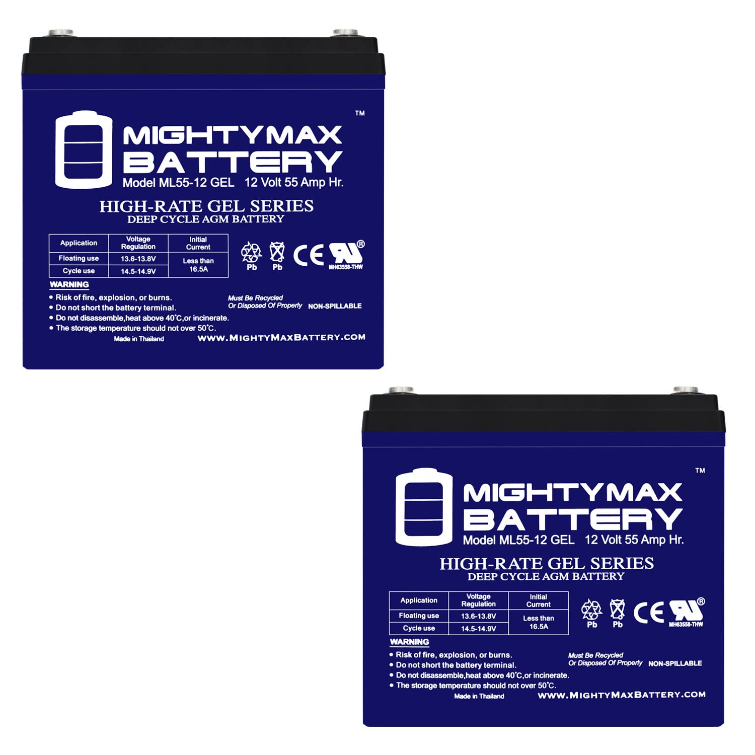 Mighty Max 12V 55AH Gel Replacement Battery 2 Pack - Compatible with WKDC12-55PUS Werker Power Wheels, Solar Systems & Backup Power - Long Lasting Deep Cycle Battery for RV, Marine, Golf Cart & Off-Grid Applications