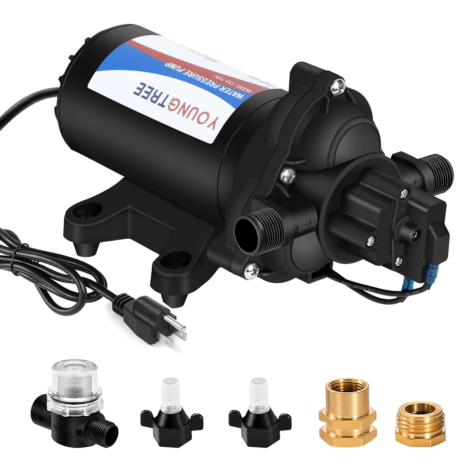 YOUNGTREE 110V Industrial Water Pressure Diaphragm Pump 4.0GPM 50PSI - Electric Water Transfer Pump for RV, Irrigation, Home, Pool Draining & Sprinkler System - Includes Garden Hose Adapters - Perfect for Watering Gardens, Filling Tanks & Emergency Flood Control