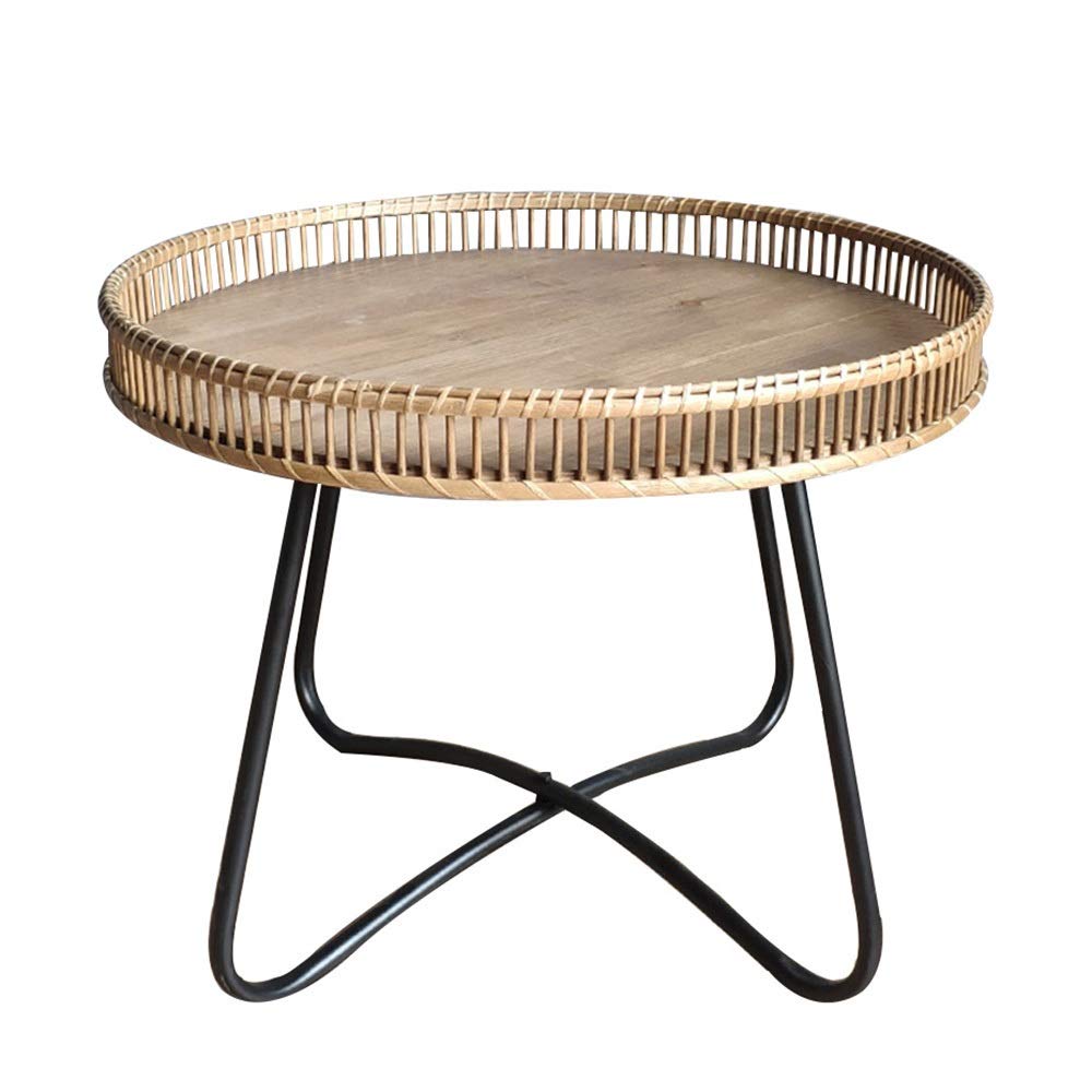 Wrought Iron Rattan Side Table - 23×18 Inch Small Round Coffee Table for Living Room, Sofa, Bedroom & Patio - Rustic End Table with Storage Shelf for Home Decor