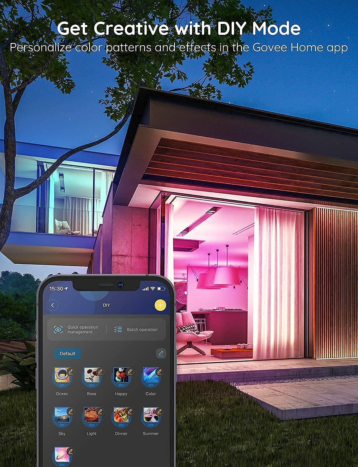 Govee 50ft Smart LED Strip Lights with Bluetooth & App Control - 64 Dynamic Scenes, Music Sync RGB Lights for Bedroom, Living Room, Kitchen, Party - ETL Certified Adapter | Perfect for Home Decor, Gaming Setup & Mood Lighting