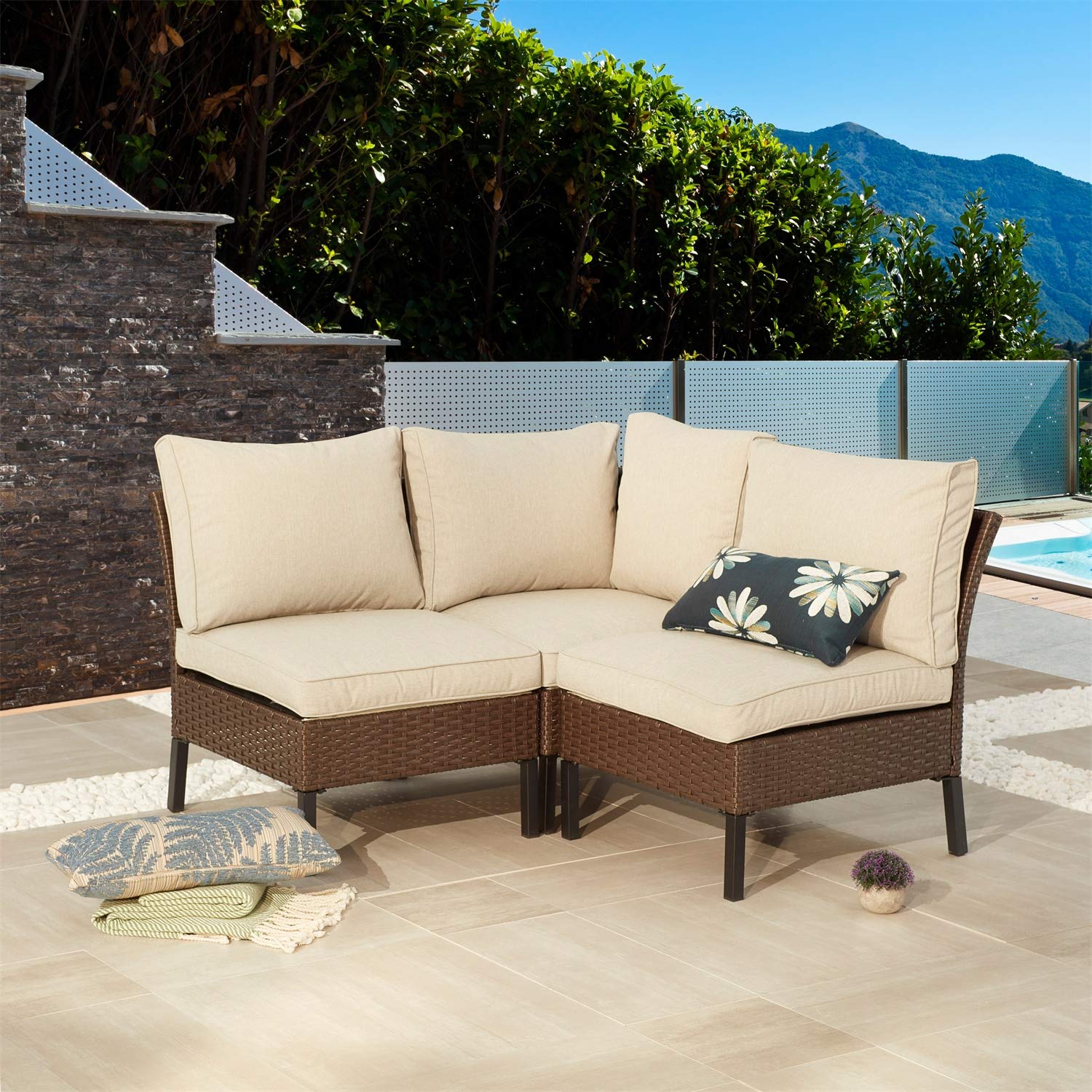 Modern Outdoor Wicker Furniture Set - 3-Piece Brown Rattan Sectional Sofa with Metal Frame for Patio, Garden, Poolside, Balcony & Beach | Durable All-Weather Wicker Conversation Set for Backyard, Deck & Outdoor Living Spaces