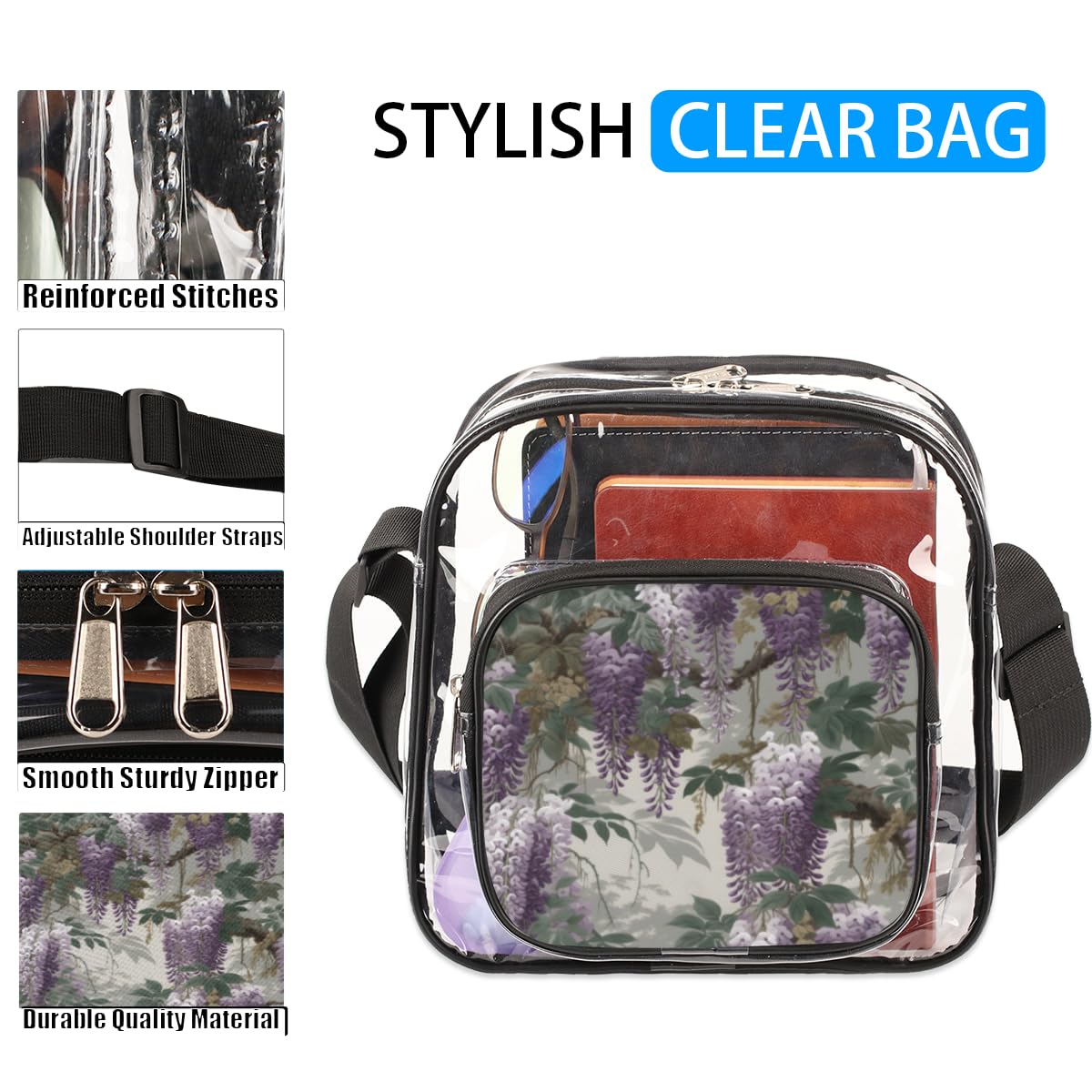 Purple Vine Flower Clear Crossbody Purse - Stadium Approved Transparent Bag for Concerts & Sports Events - Trendy Clear Purse for Women & Men - Perfect for Music Festivals, Stadium Games & Night Out