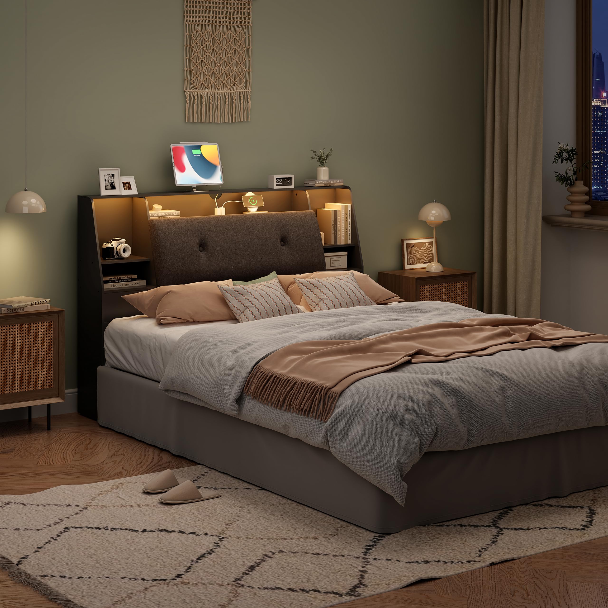 Queen Size Upholstered Headboard with Storage, USB Charging Station & 2 LED Lights - Wood Bookcase Design for Bedroom (Black, Soft Fabric) - Perfect for Master Bedrooms, Guest Rooms & Small Spaces with Limited Storage