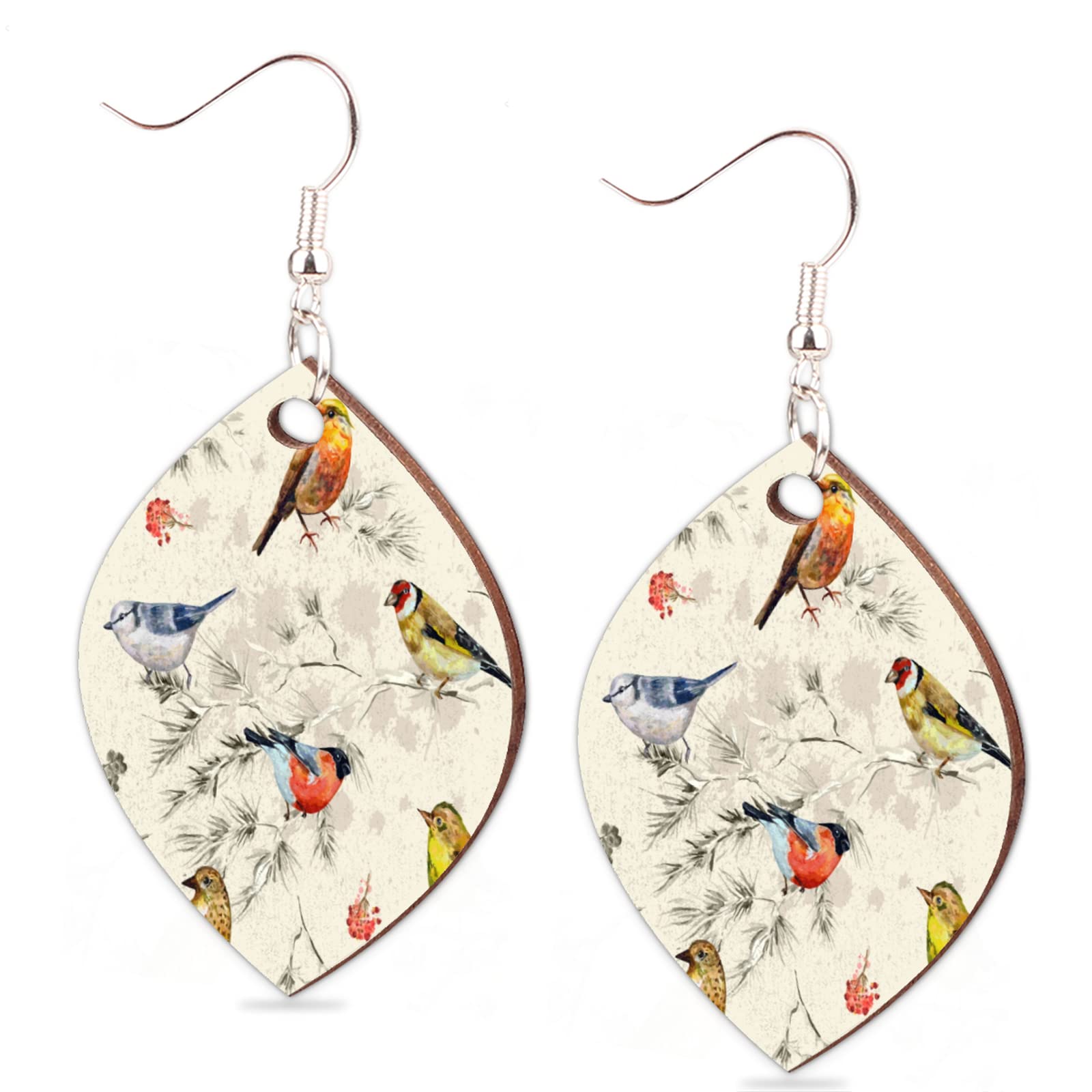 Lightweight Wooden Bird Dangle Drop Earrings for Women - Handcrafted Leaf Shape Tree Dangly Earrings - Perfect for Boho, Festival, and Everyday Wear