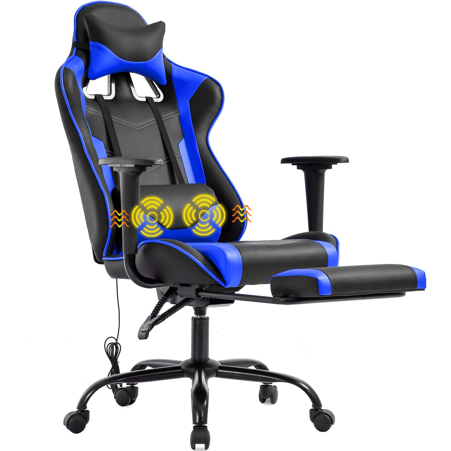 Ergonomic Gaming Chair with Headrest & Footrest - PU Leather Office Computer Desk Chair for Back Support - Adjustable Swivel Rolling Task Chair for PC Gaming, Work & Home Office Use - Blue