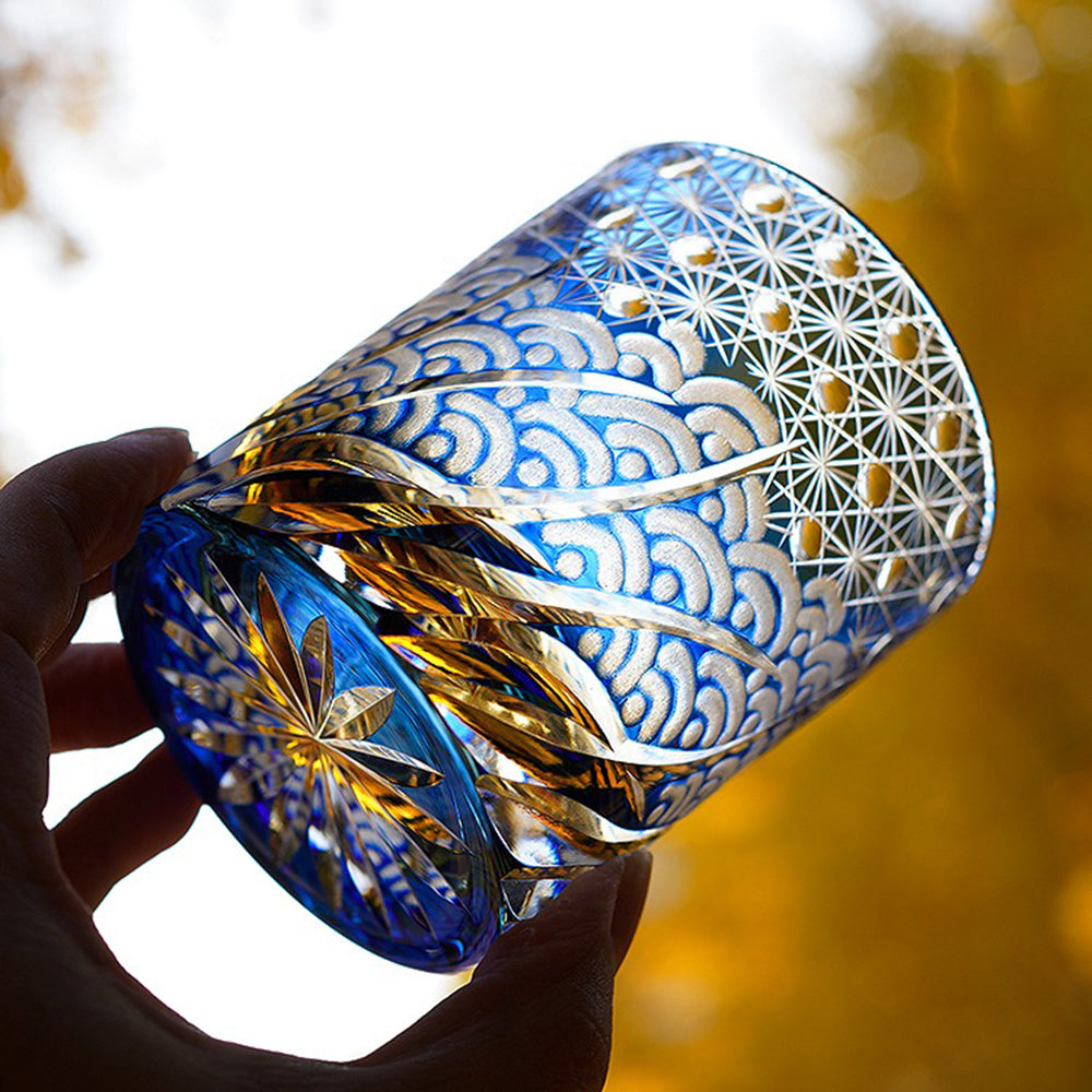 Handcrafted Edo Kiriko Amber Blue Whiskey Glass - Japanese Artisan Cut Crystal Cup for Whiskey, Tea & Cocktails - Elegant Drinkware for Home Bar, Gifts & Special Occasions