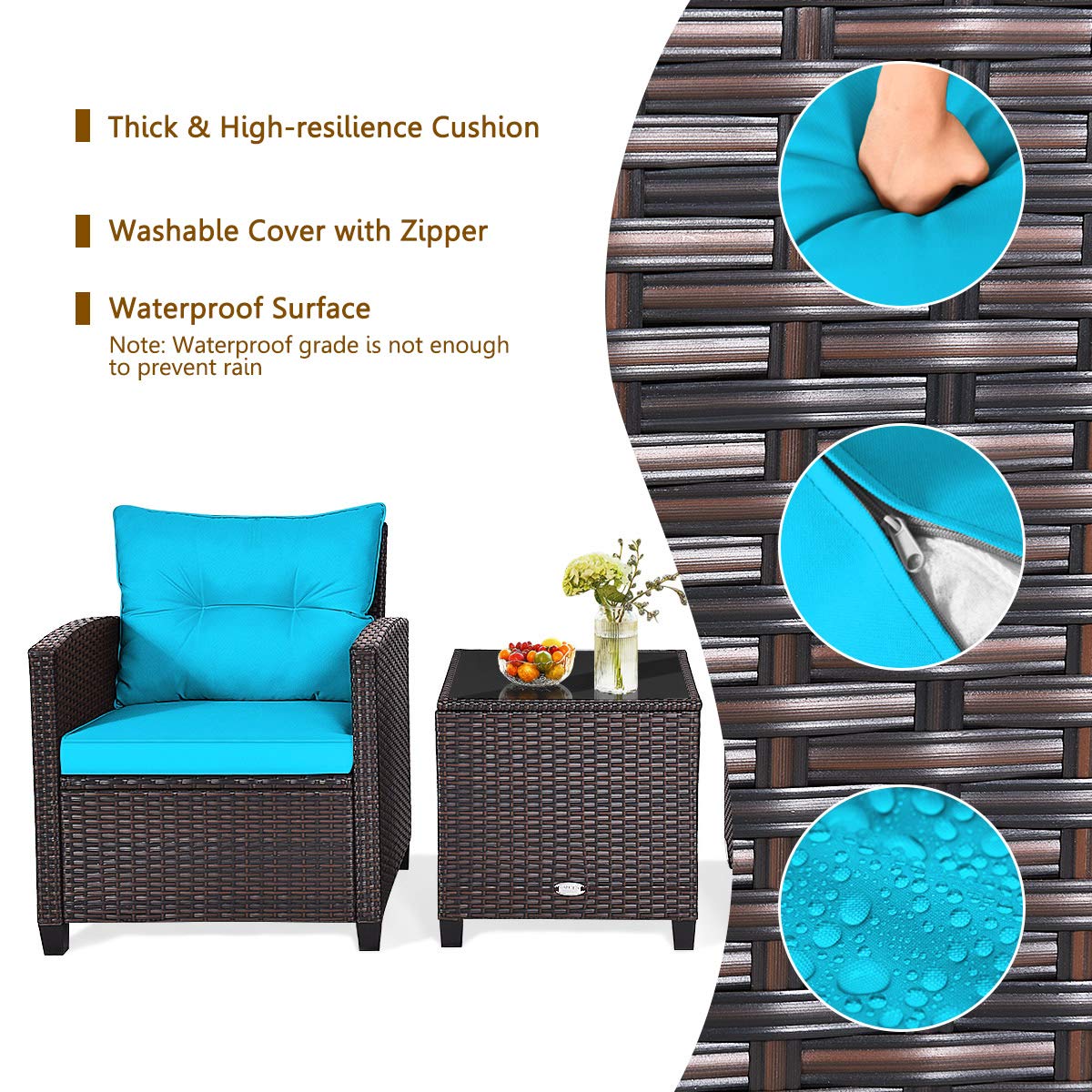 HappyGrill 3-Piece Outdoor Patio Furniture Set - Rattan Wicker Bistro Sofa with Cushions & Coffee Table - Perfect for Garden, Balcony, and Backyard Relaxation