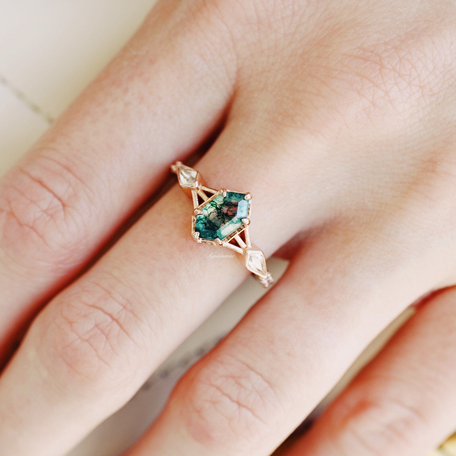 Celtic Hexagon Green Moss Agate Ring - 14K Rose Gold Vermeil Jewelry for Women | Nature-Inspired Wedding, Engagement & Everyday Fashion Accessory