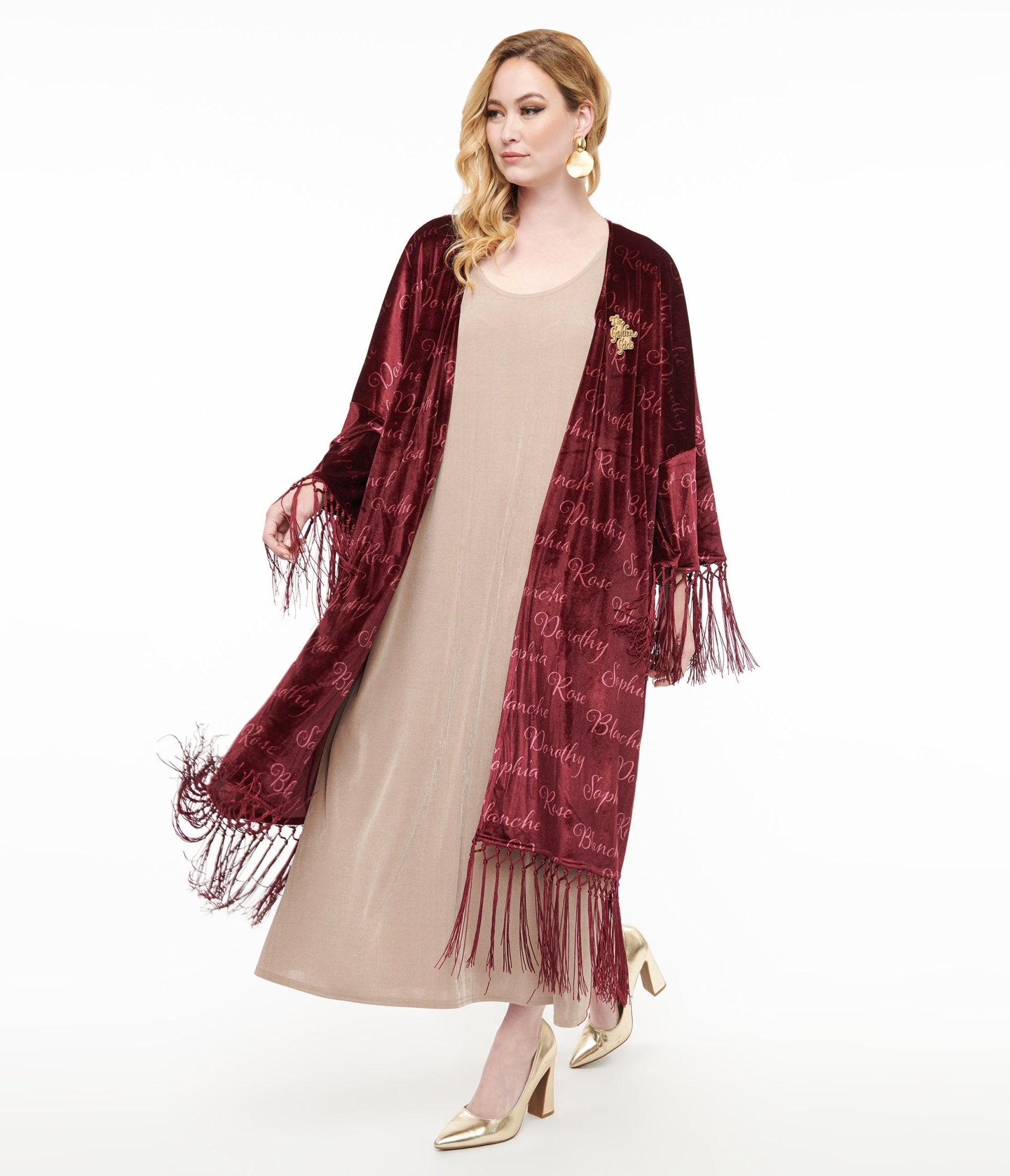 The Golden Girls x Unique Vintage Burgundy Velvet Blanche Kimono Robe - 70s Inspired Lounge Wear for Women, Perfect for Cosplay, Halloween Costume & Vintage Themed Parties