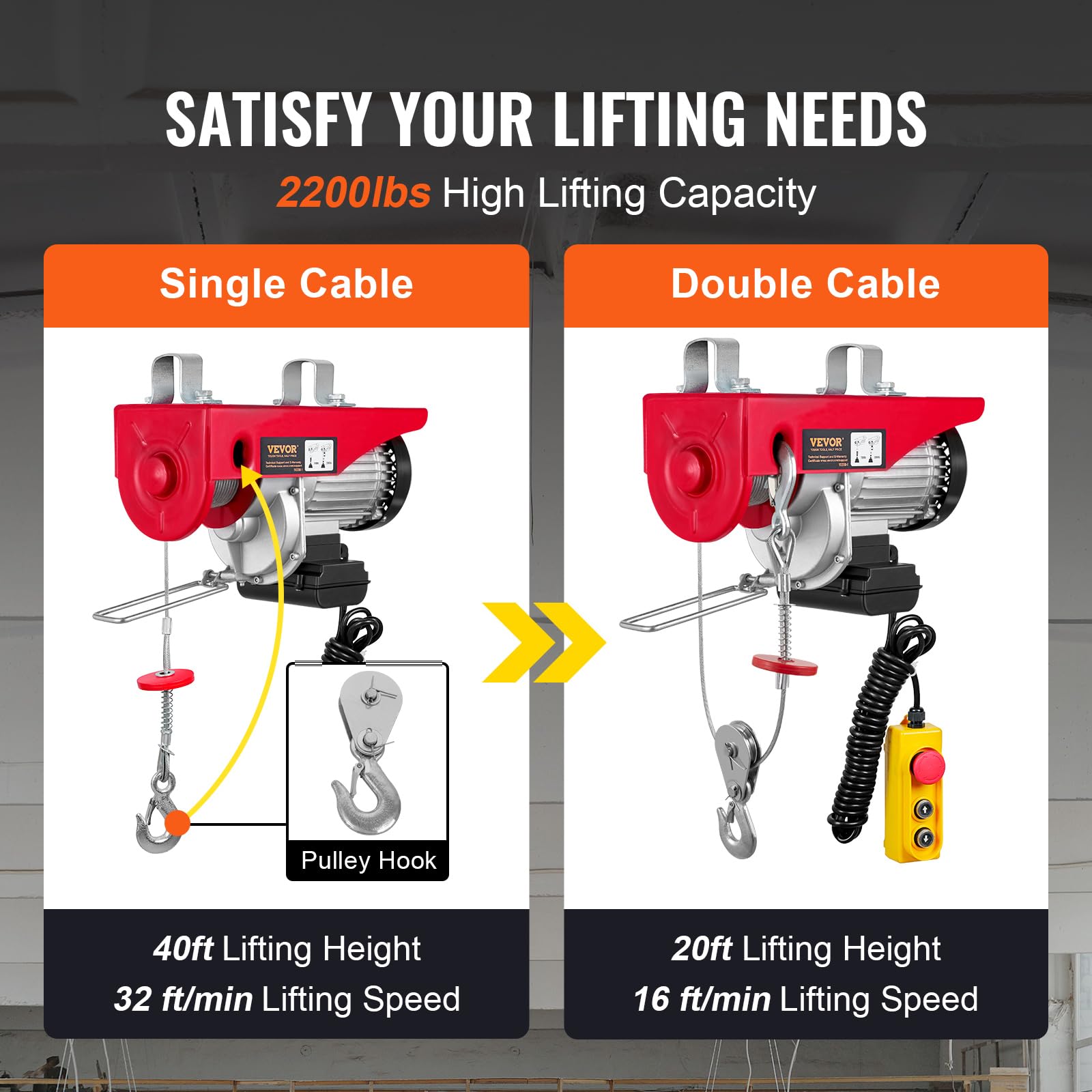 VEVOR 2200LBS Electric Hoist Winch - 110V Steel Lift with Remote Control & Single/Double Slings - Heavy Duty for Factory, Warehouse, Construction, Mining - Perfect for Lifting Equipment, Materials, and Machinery