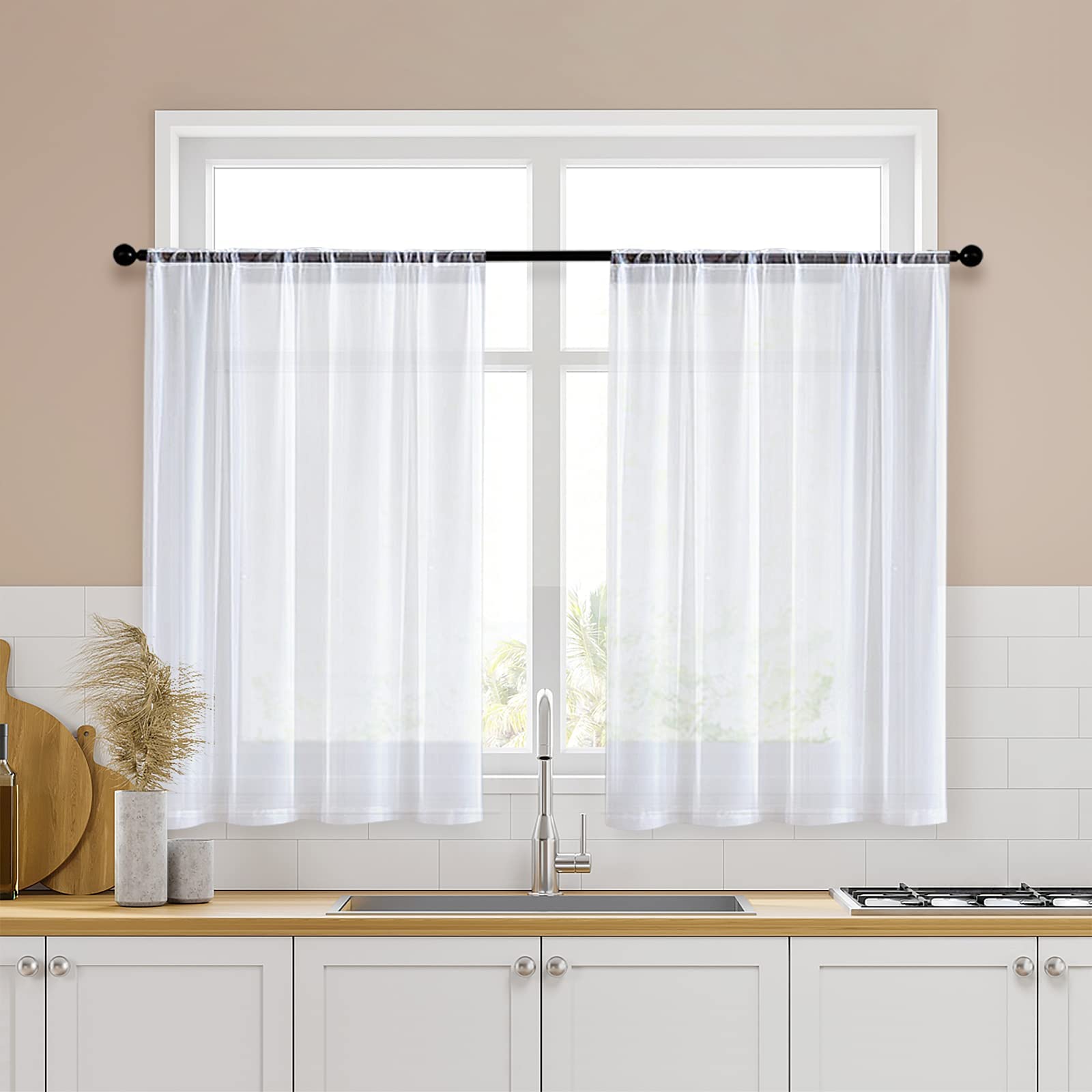 MRTREES White Sheer Curtains 36 Inch Length - 2 Panels Light Filtering Kitchen Tier Short Curtains with Rod Pocket, Voile Cafe Curtains for Small Half Windows (34W x 36L) - Perfect for Living Room, Bathroom & Kitchen Windows