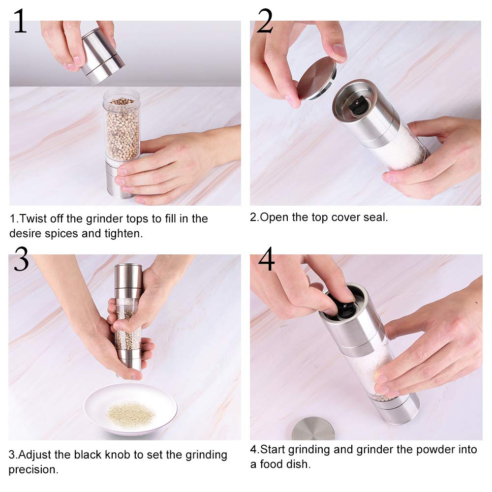 Premium Mixoo 2-in-1 Stainless Steel Salt and Pepper Grinder Set - Adjustable Coarseness Ceramic Rotor, Refillable Dual Clear Acrylic Chamber for Freshly Ground Spices - Perfect for Kitchen, Dining Table & Outdoor BBQ