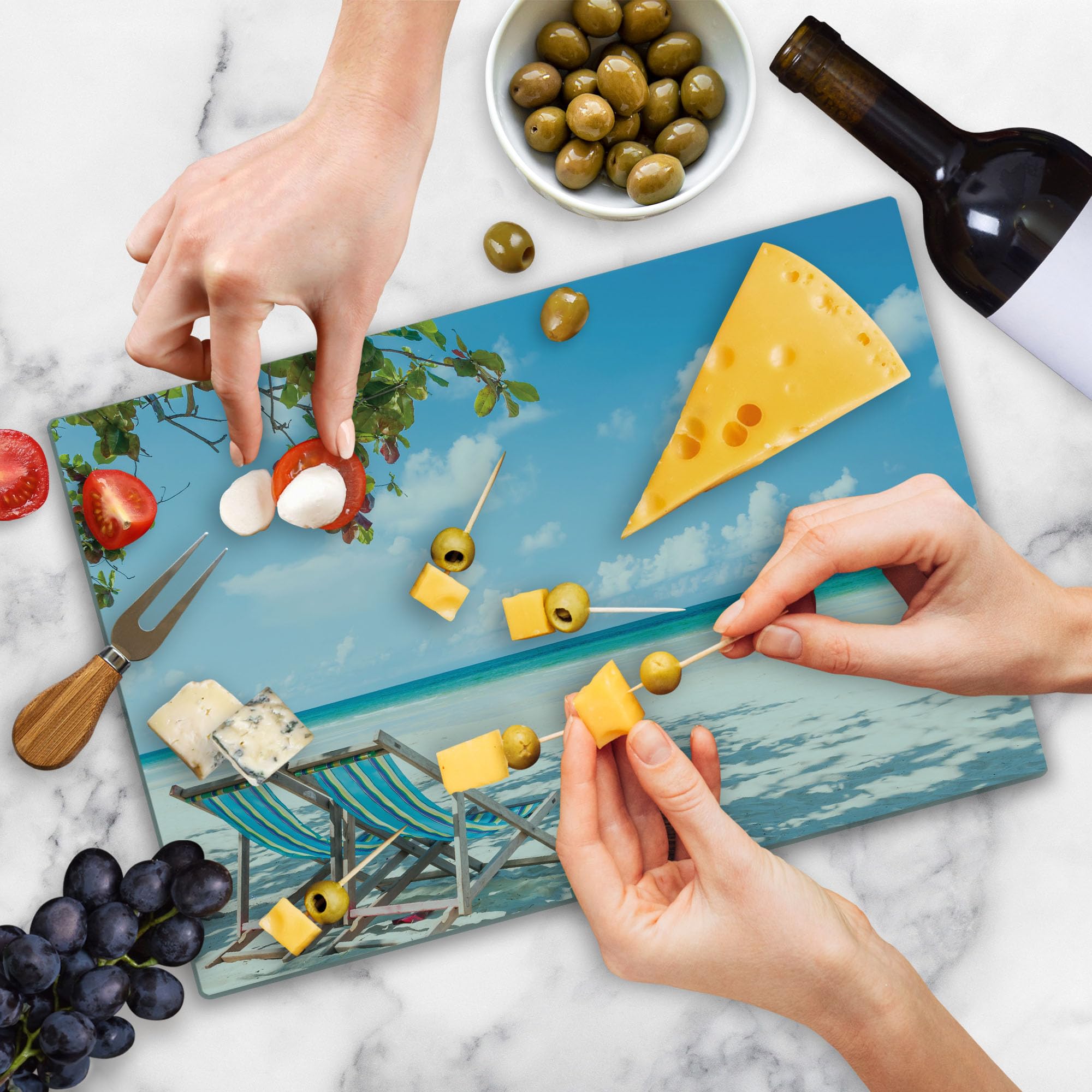 Lunarable Seaside Tempered Glass Cutting Board - Large Turquoise Blue Decorative Serving Board with Beach Chairs Under Tree Shade Design | Perfect for Kitchen Prep, Charcuterie Display & Coastal-Themed Home Decor