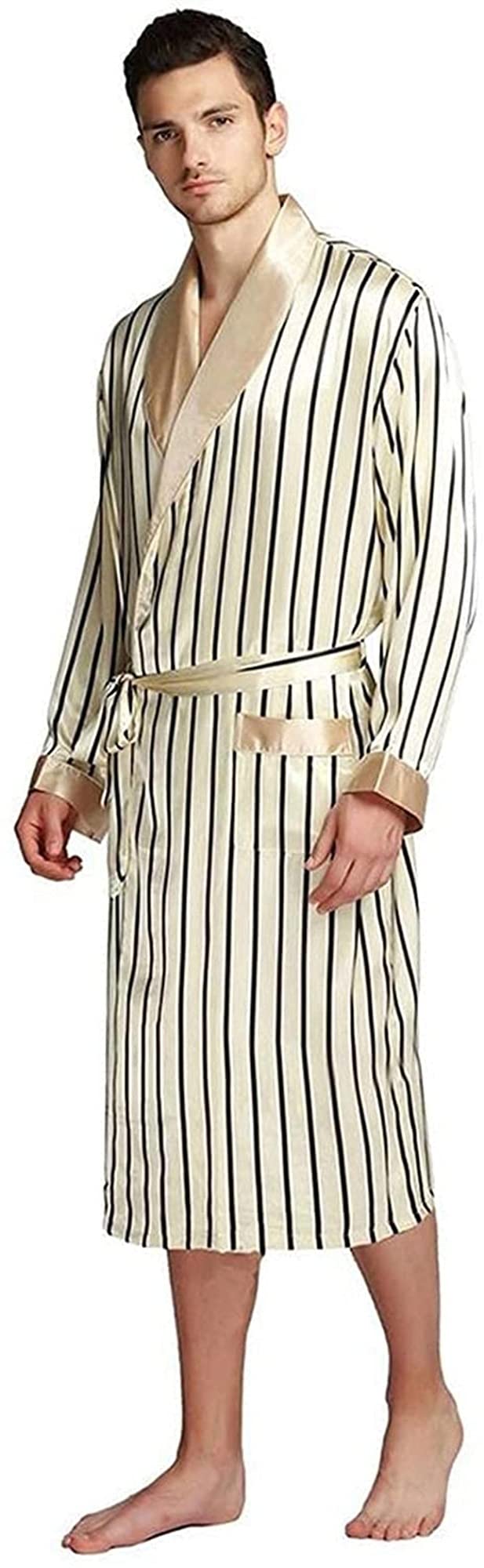 Men's Silk Satin Pajama Set with Bathrobe - Luxurious Sleepwear & Nightgown for Relaxation (Beige, Size L) - Perfect for Lounging at Home, Spa Days & Cozy Evenings