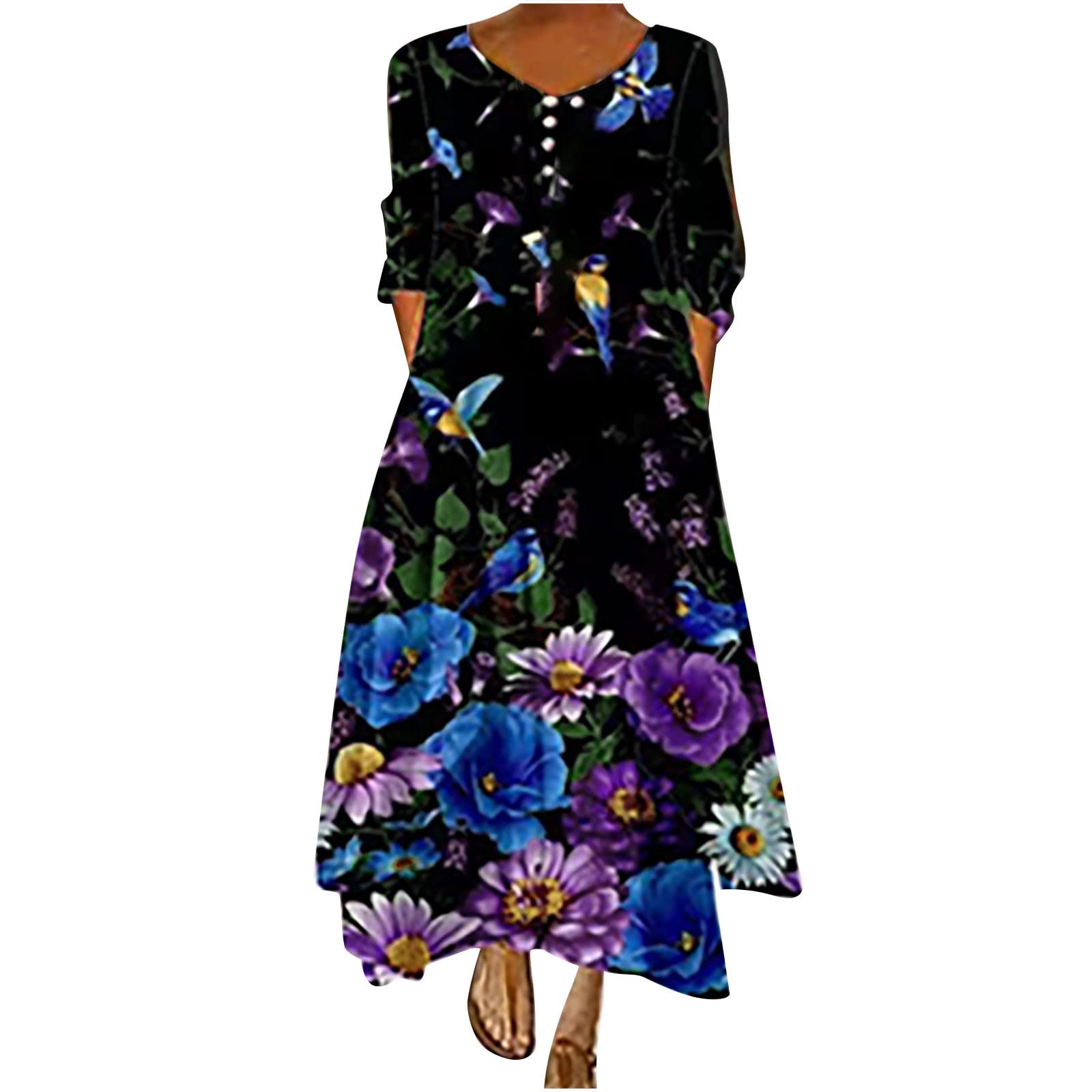 Women's Casual Long Sleeve Floral Print Maxi Dress - V-Neck Loose Fit Summer Dress for Daily Wear | Perfect for Beach, Vacation, and Outdoor Activities