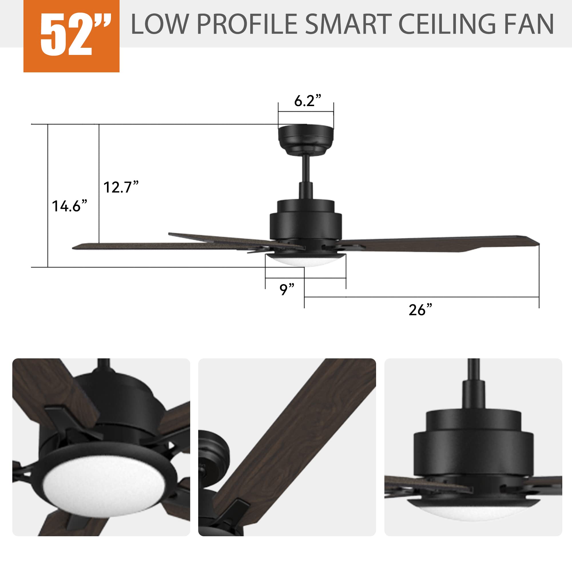 52 Inch Smart Ceiling Fan with Lights & Remote Control - Indoor/Outdoor DC Motor Fan, 10 Speed Settings, Alexa/Google/Siri Compatible - Modern Black Ceiling Fan for Bedroom, Living Room, Patio & Outdoor Spaces