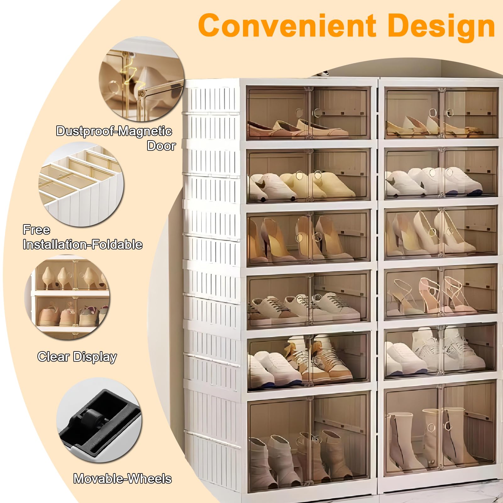 Stackable 6-Tier Shoe Storage Organizer with Magnetic Clear Door - Holds 24 Pairs of Shoes - Portable Sneaker Cabinet for Closet, Bedroom & Entryway Organization - Large Plastic Shoe Containers with Lids (Set of 2) - Perfect for Small Spaces & Shoe Lovers