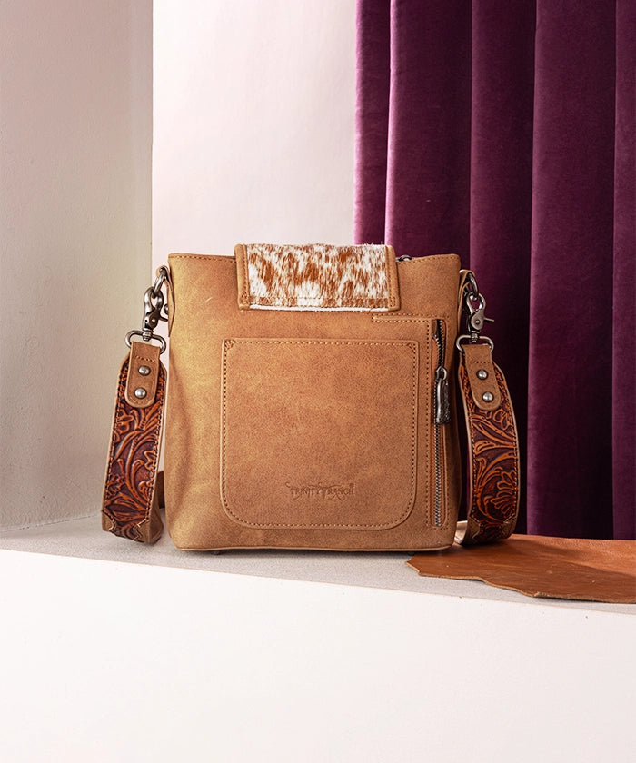 Trinity Ranch Genuine Hair-on Cowhide Tooled Leather Crossbody Purse for Women - Western Style Handbag for Rodeo, Country Music Festivals & Everyday Use