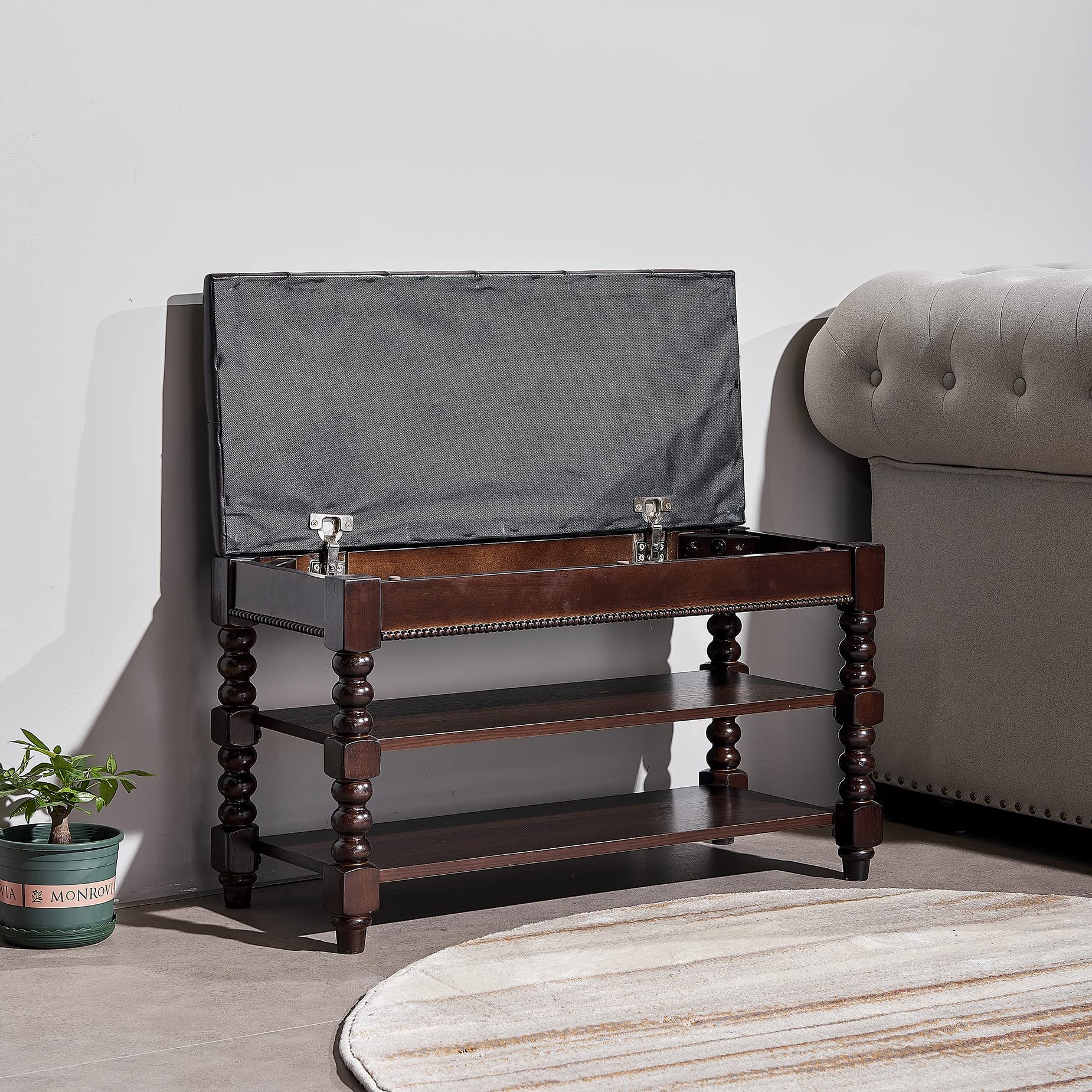 Wooden Shoe Storage Bench with Leather Seat - 2-Tier Lift-top Entryway Organizer for Shoes (31.5