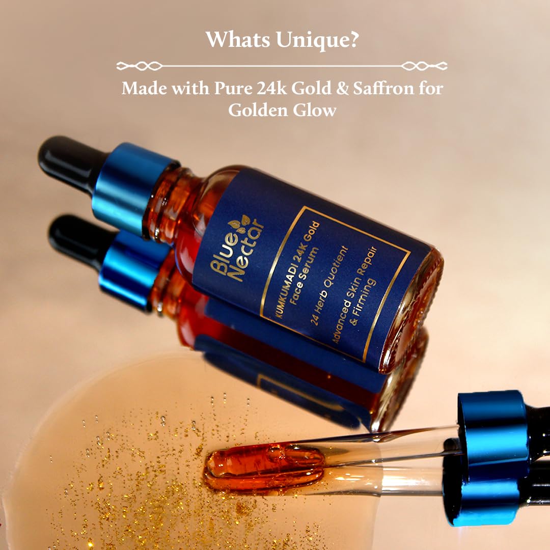 24K Gold Kumkumadi Face Serum for Glowing Skin - Ayurvedic Skin Brightening & Firming Treatment with 24 Herbs | Natural Anti-Aging Facial Serum Infused with Pure Gold | Perfect for Night Routine, Bridal Glow & Special Occasion Radiance (10ml)
