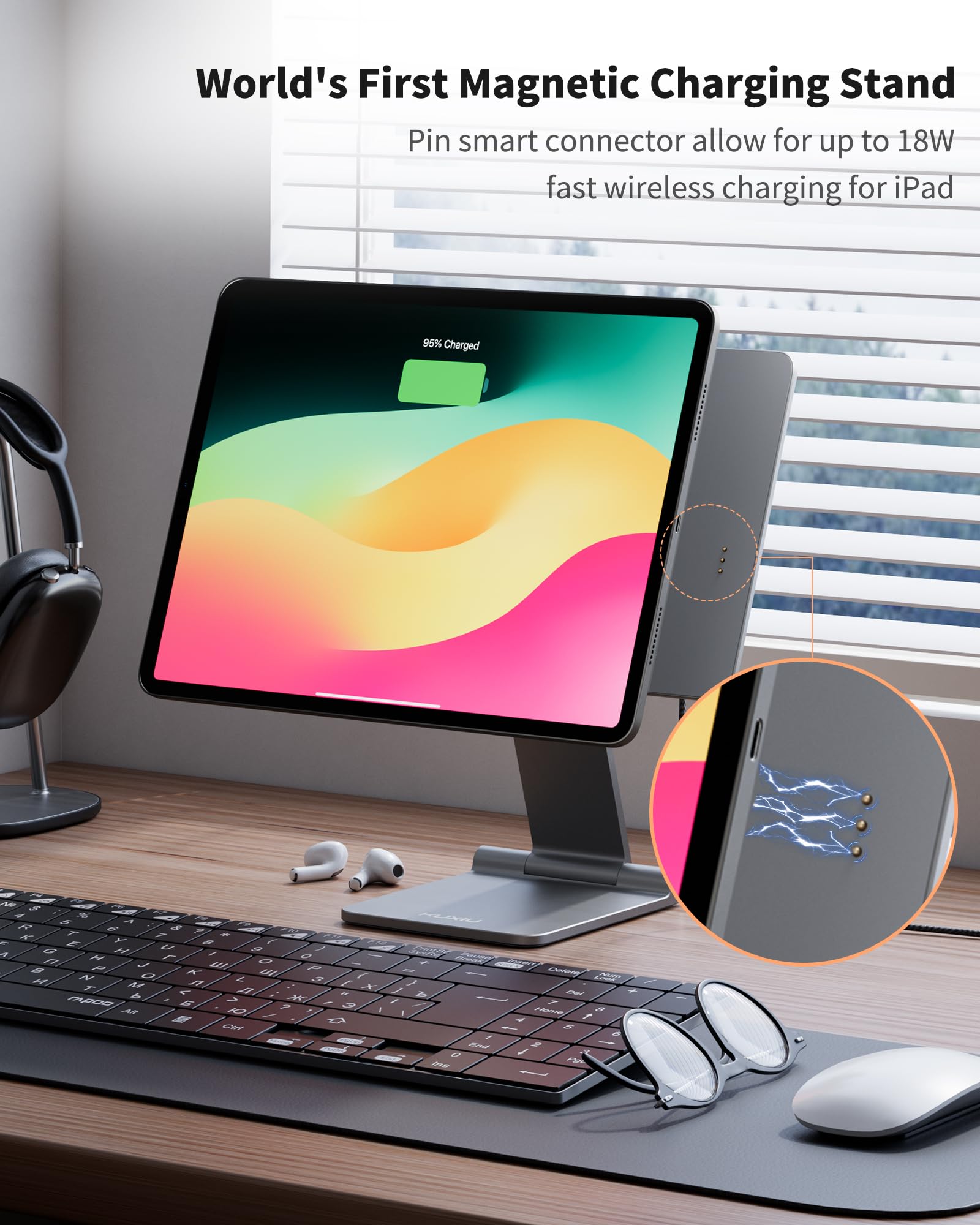 Magnetic Wireless Charging Stand for iPad Pro 11/Air 11 M2 - Foldable Aluminum Alloy Tablet Holder with 1M USB C Cable, 360° Adjustable Desk Stand for iPad Air 11 M2, iPad Pro 11 (1st/2nd/3rd/4th Gen), iPad Air 4/5 - Perfect for Home Office, Bedside & Travel Use