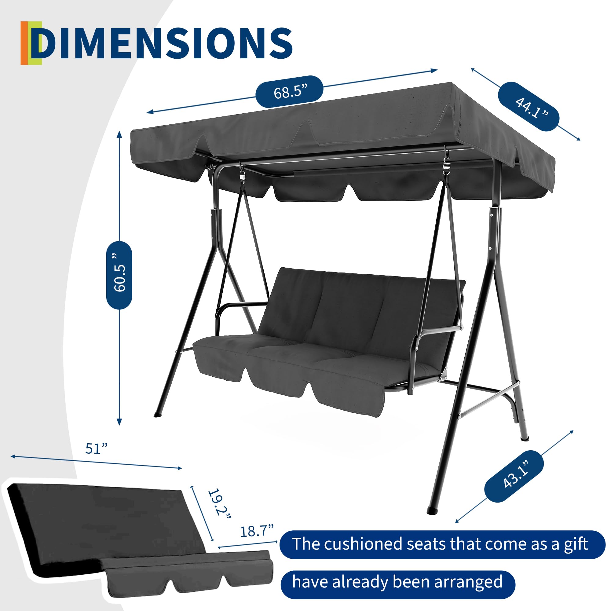 GARVEE 3-Person Patio Swing Chair with Convertible Canopy - Outdoor Hanging Glider Lounge Chair with Adjustable Tilt Shade for Porch, Garden, Backyard & Poolside Relaxation