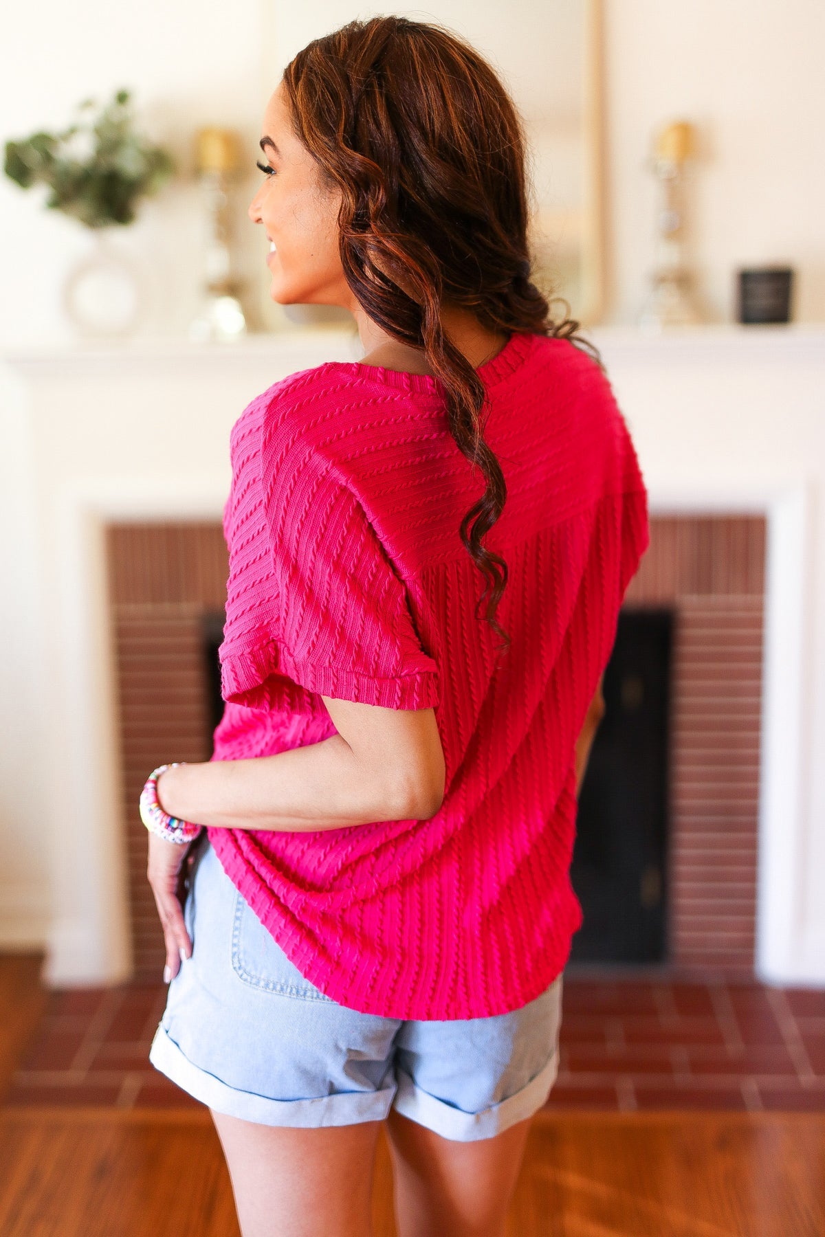 Fuchsia Cable Knit Dolman Short Sleeve Sweater Top for Women - Soft Comfortable Pullover with Haptic Texture - Perfect for Casual Outings, Office Wear & Fall Layering