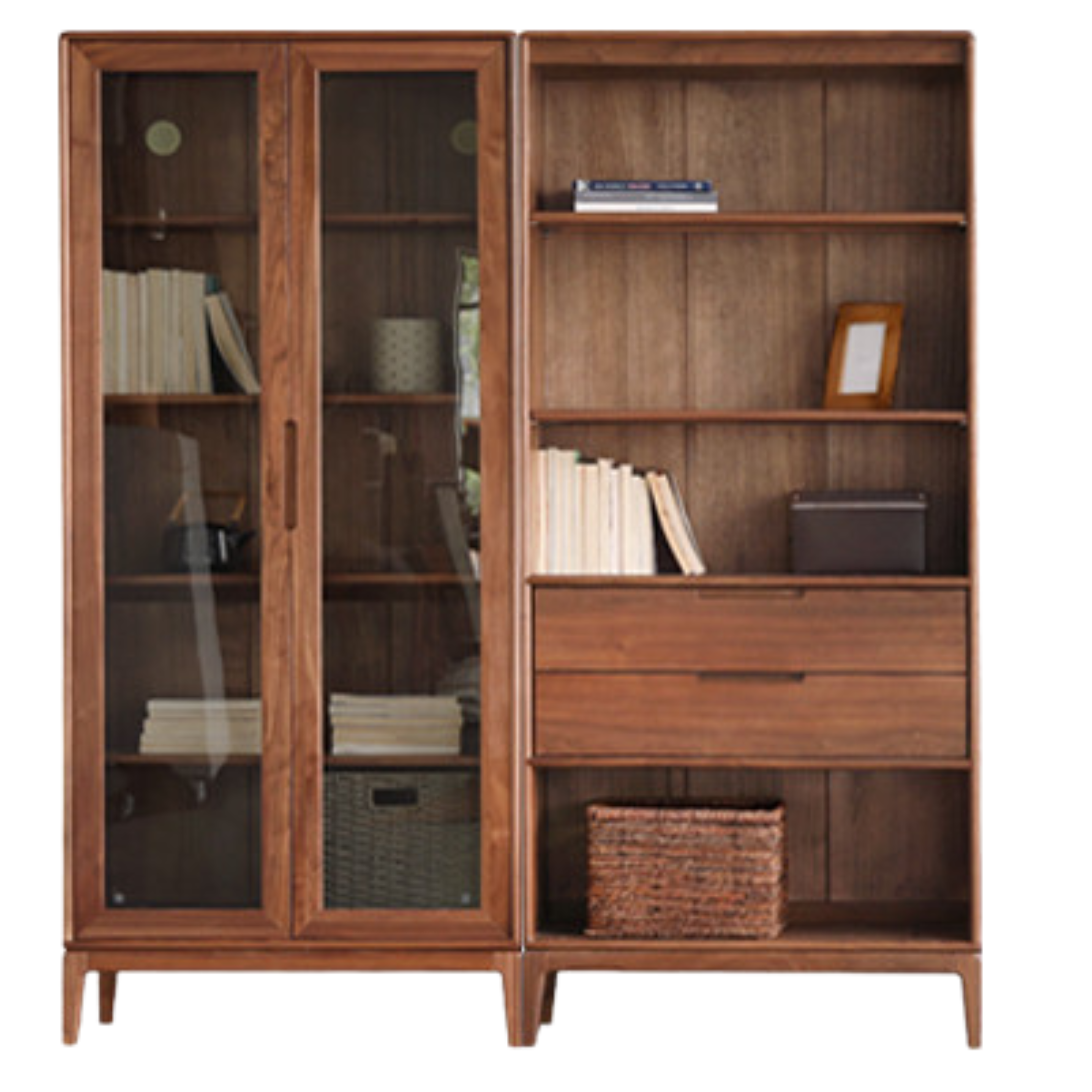 Premium Black Walnut & Ash Solid Wood Bookcase with Dust-Proof Glass Doors - Stylish Home Office & Living Room Storage Solution