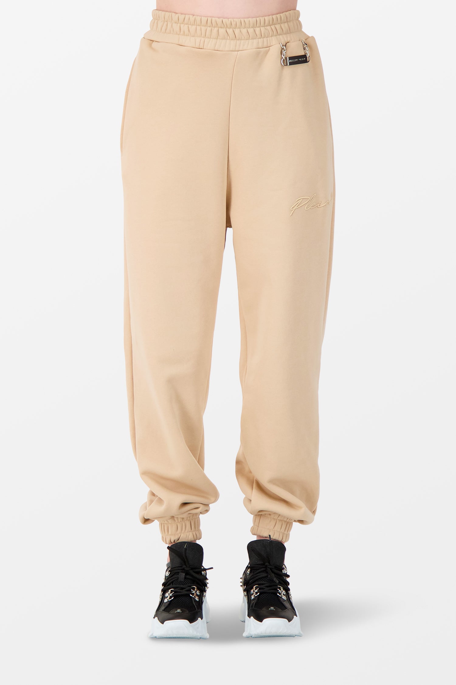 Philipp Plein Beige Embroidery Signature Trousers for Women - High Waist Casual Pants with Unique Design | Perfect for Office, Party & Everyday Wear