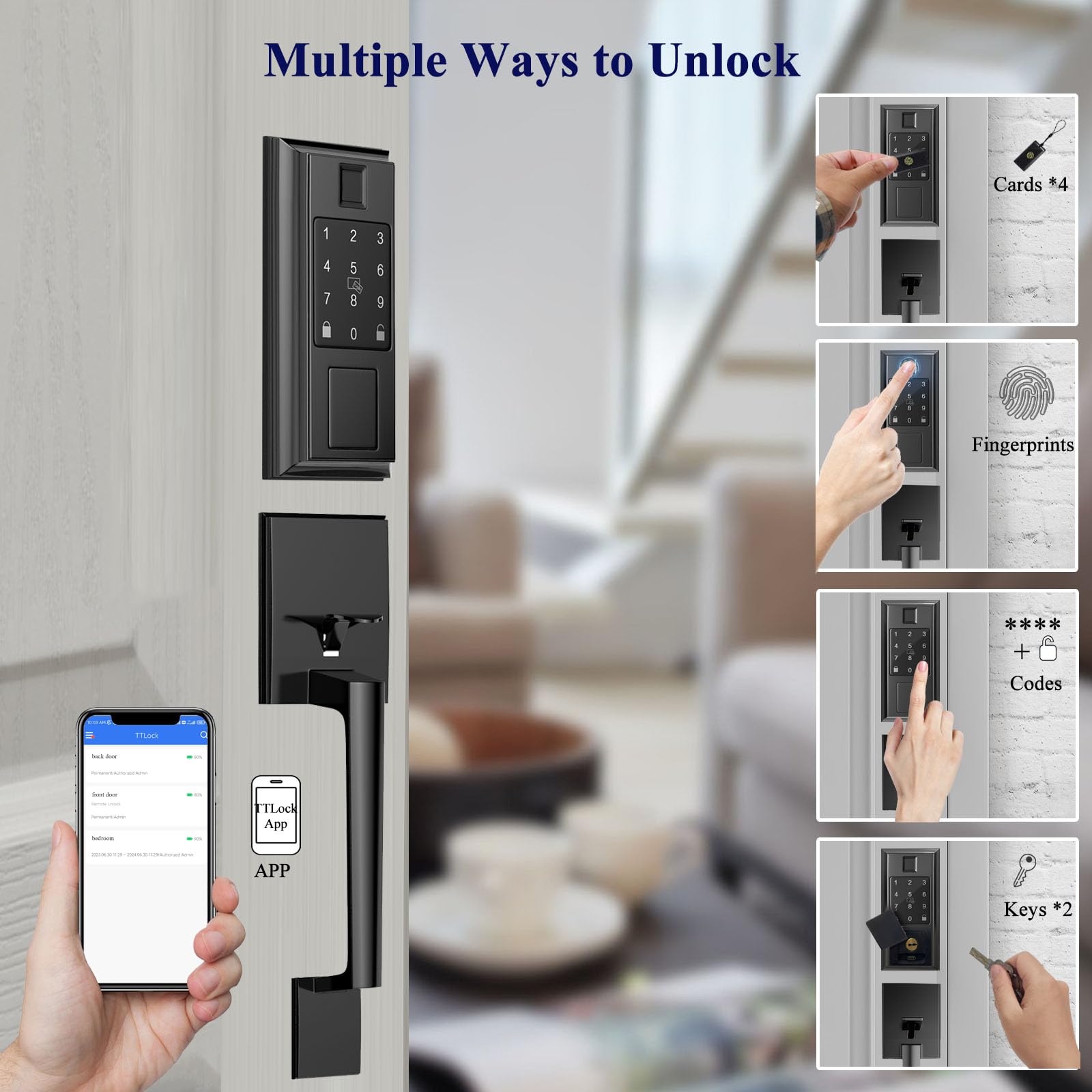 Smart Keyless Entry Door Lock with Fingerprint & App Control - Matte Black Front Door Handle Knob Set, Auto Lock Feature for Home Security | Perfect for Smart Homes, Vacation Rentals & Modern Apartments