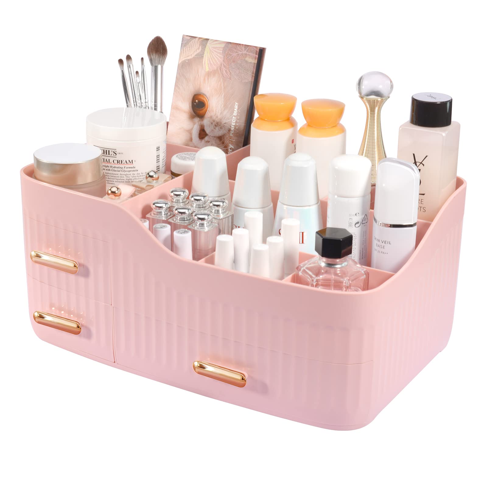Pink Large Makeup Organizer with Drawers for Vanity - Cosmetic Storage for Lipstick, Brushes & Lotions - Perfect for Bathroom Counter, Dresser or Beauty Station Organization